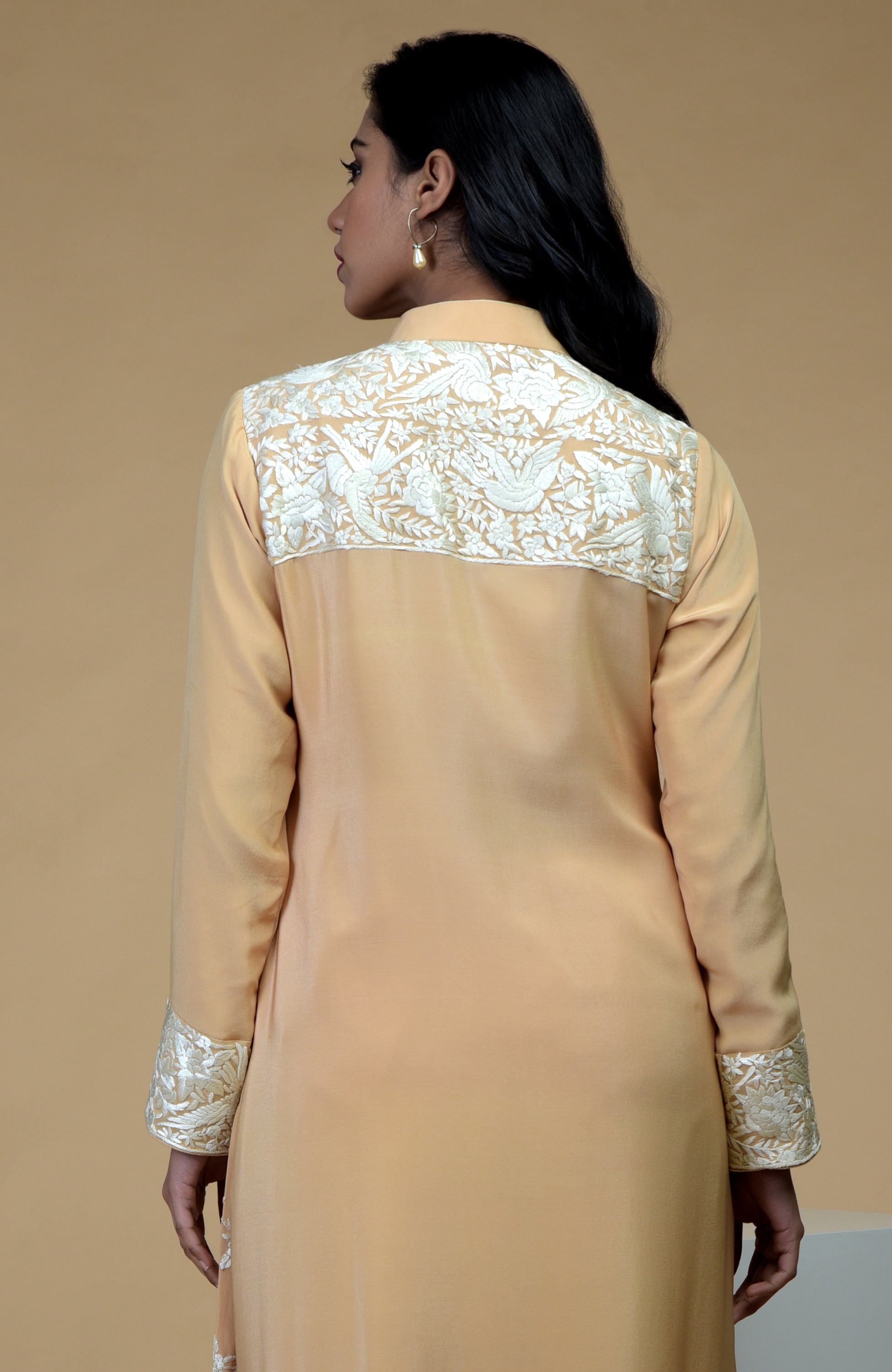 Fawn jacket with ivory Parsi Gara floral-birds embroidery and matching crepe straight pants