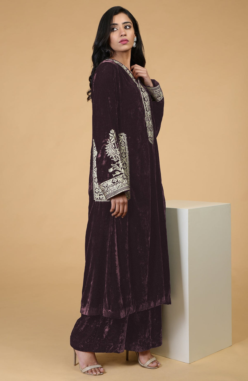 Mulled Wine Kashmiri Tilla Embroidered Choga Kurta Set with intricate embroidery.