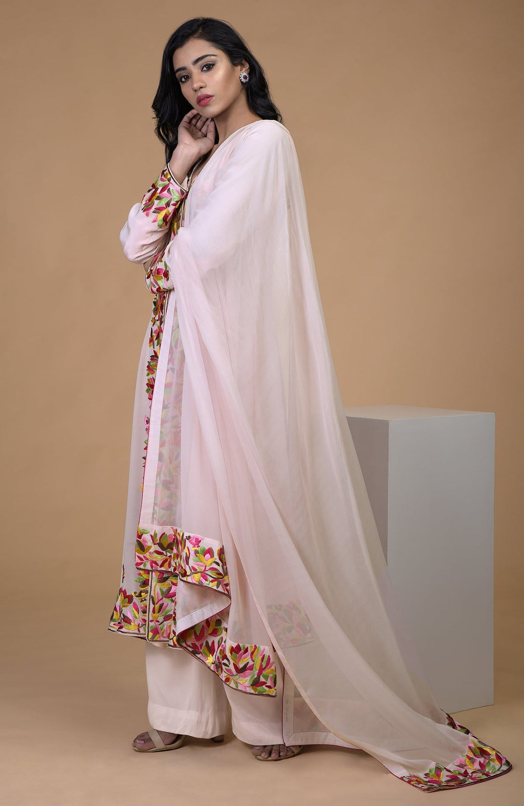 Petal pink kalidaar kurta set with floral Parsi Gara embroidery and wide leg pants.