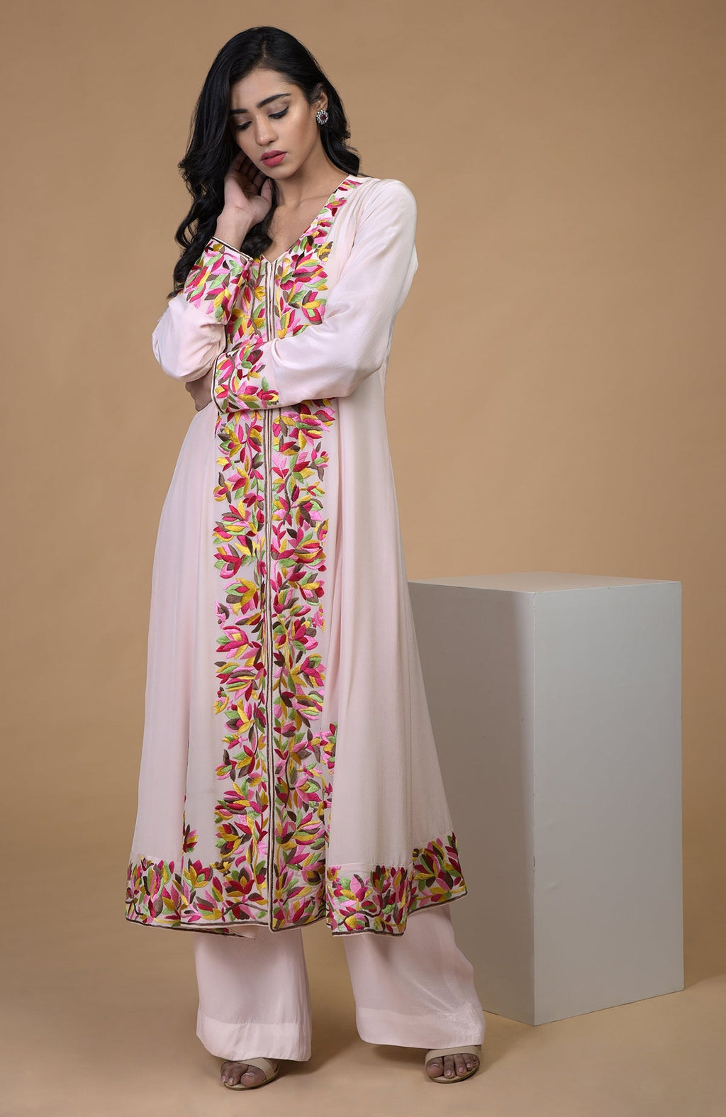 Petal pink kalidaar kurta set with Parsi Gara floral embroidery and wide leg pants.