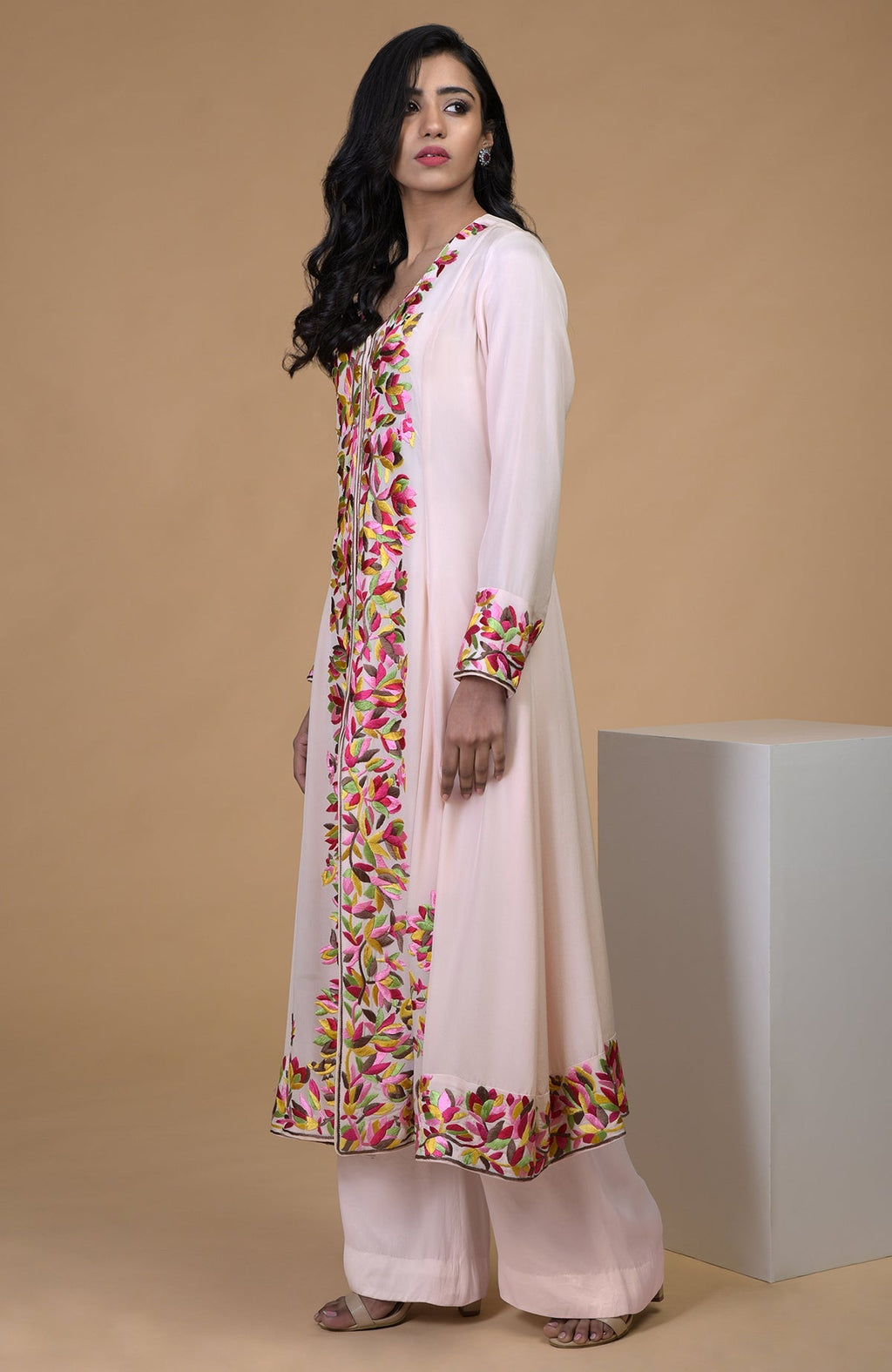 Petal pink kalidaar kurta with floral Parsi Gara embroidery and matching wide leg pants