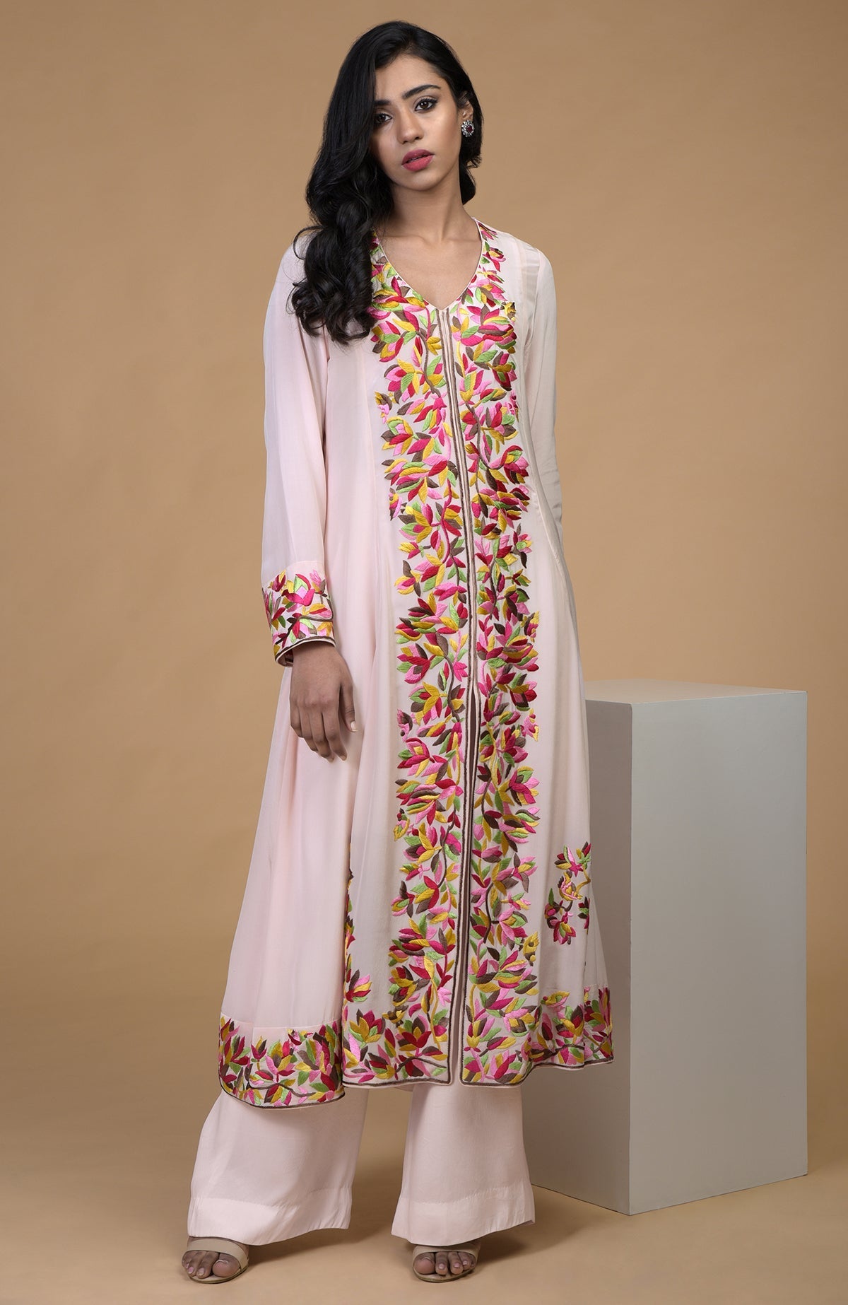 Petal pink kalidaar kurta with multicolor Parsi Gara embroidery and matching wide leg pants
