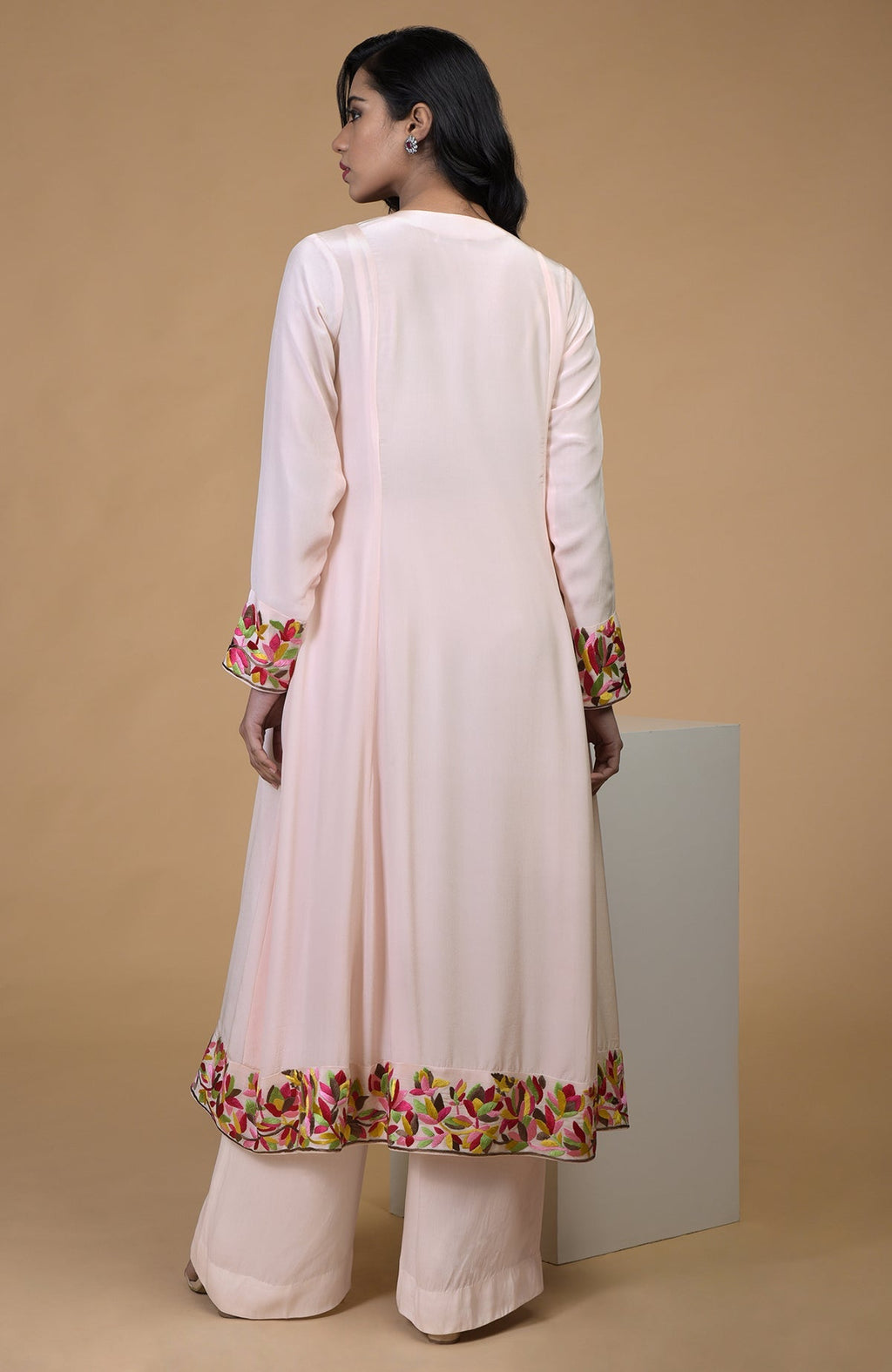 Petal pink kalidaar kurta set with hot pink and pastel Parsi Gara embroidery and wide leg pants.