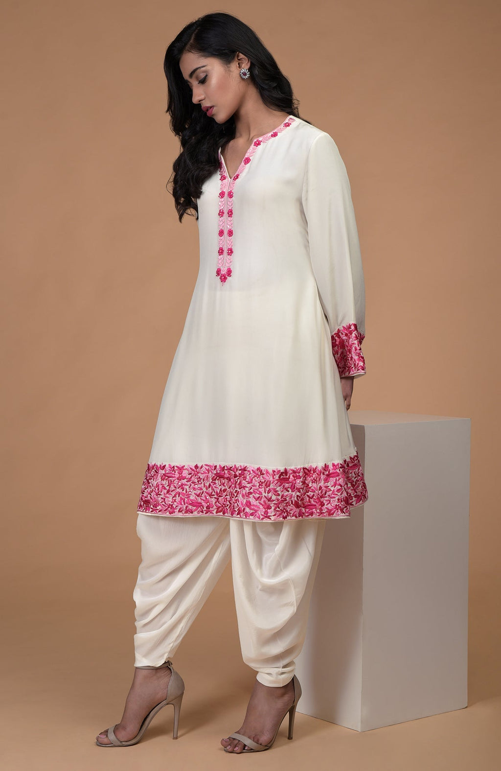 Ivory short kurta with pink Parsi Gara floral embroidery and matching ivory dhoti pants