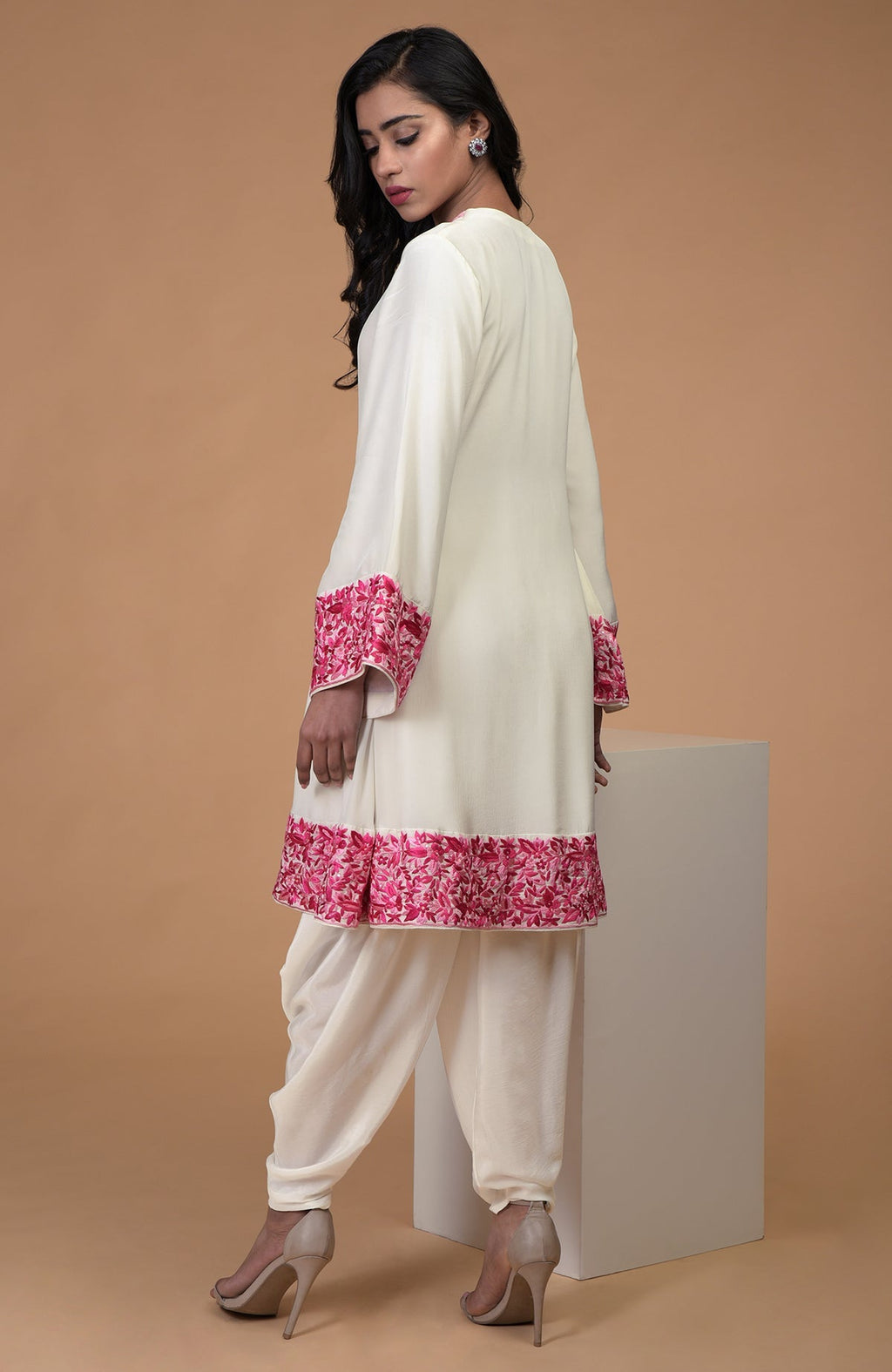 Ivory short kurta with pink Parsi Gara floral embroidery and matching ivory dhoti pants