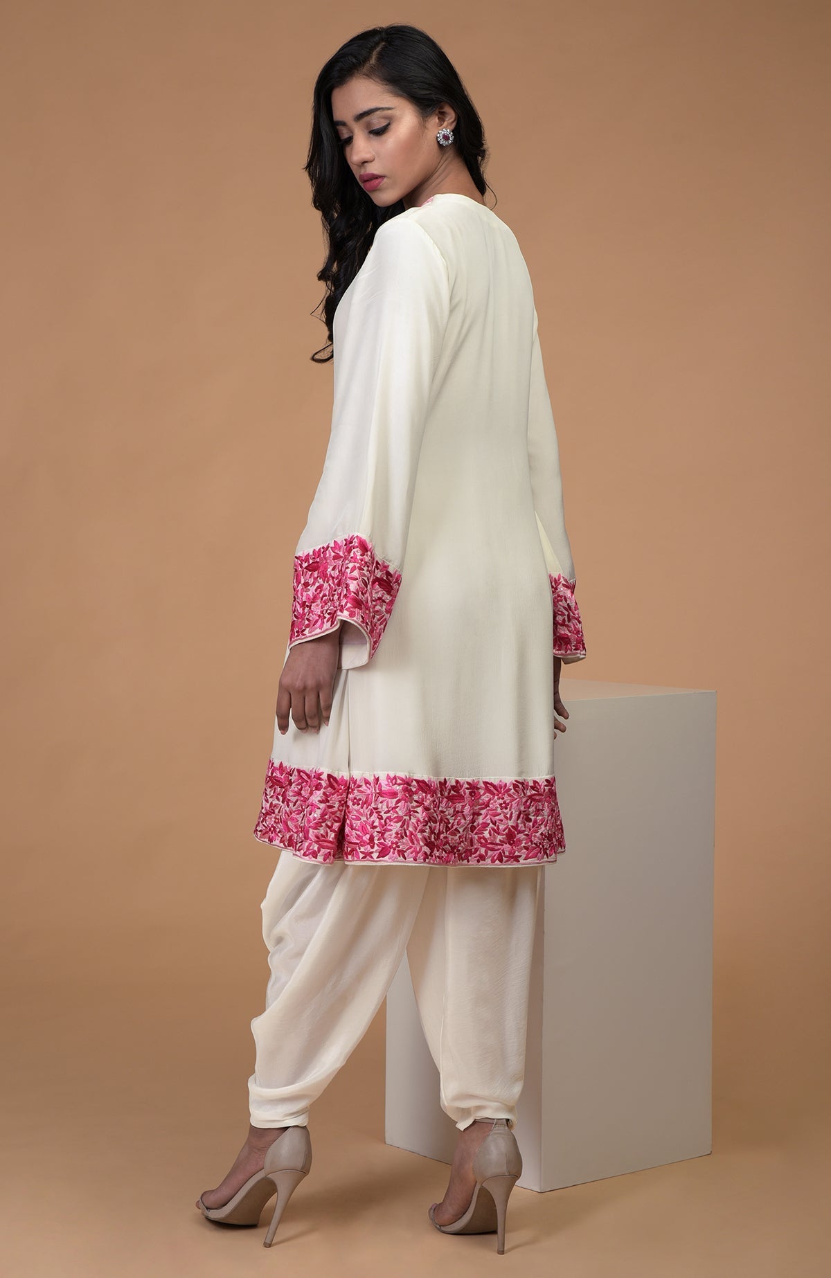Ivory short kurta with pink Parsi Gara floral embroidery and matching ivory dhoti pants