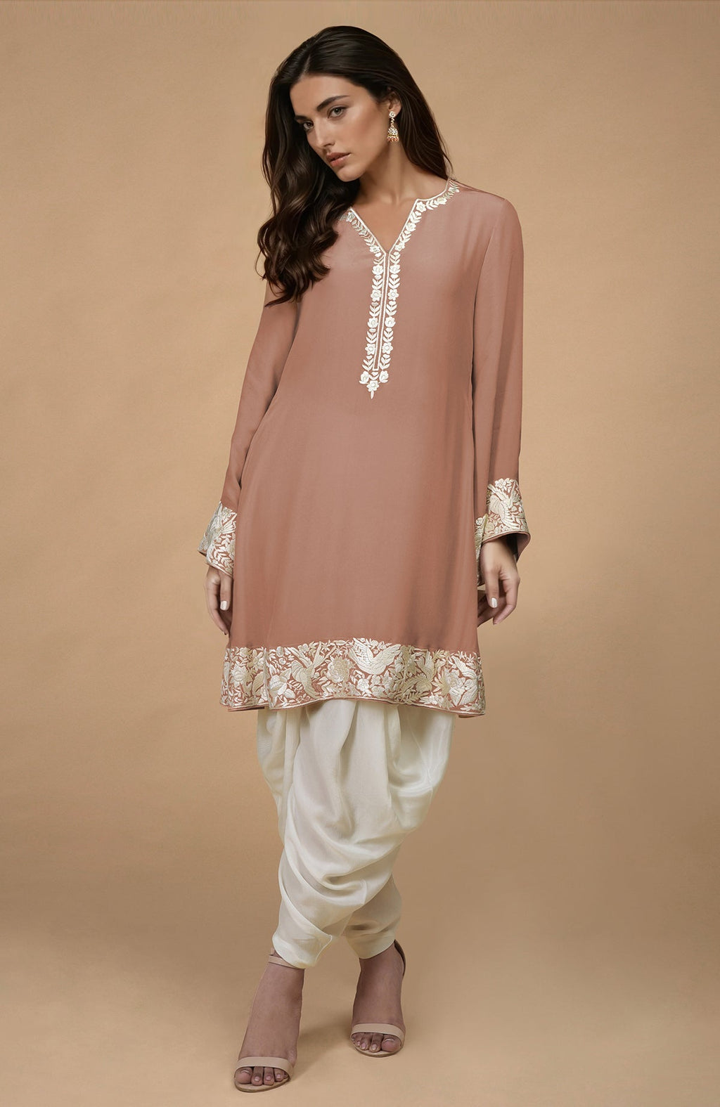 Mocha kurta with ivory Parsi Gara floral embroidery on hem, neckline, and sleeves paired with ivory dhoti pants