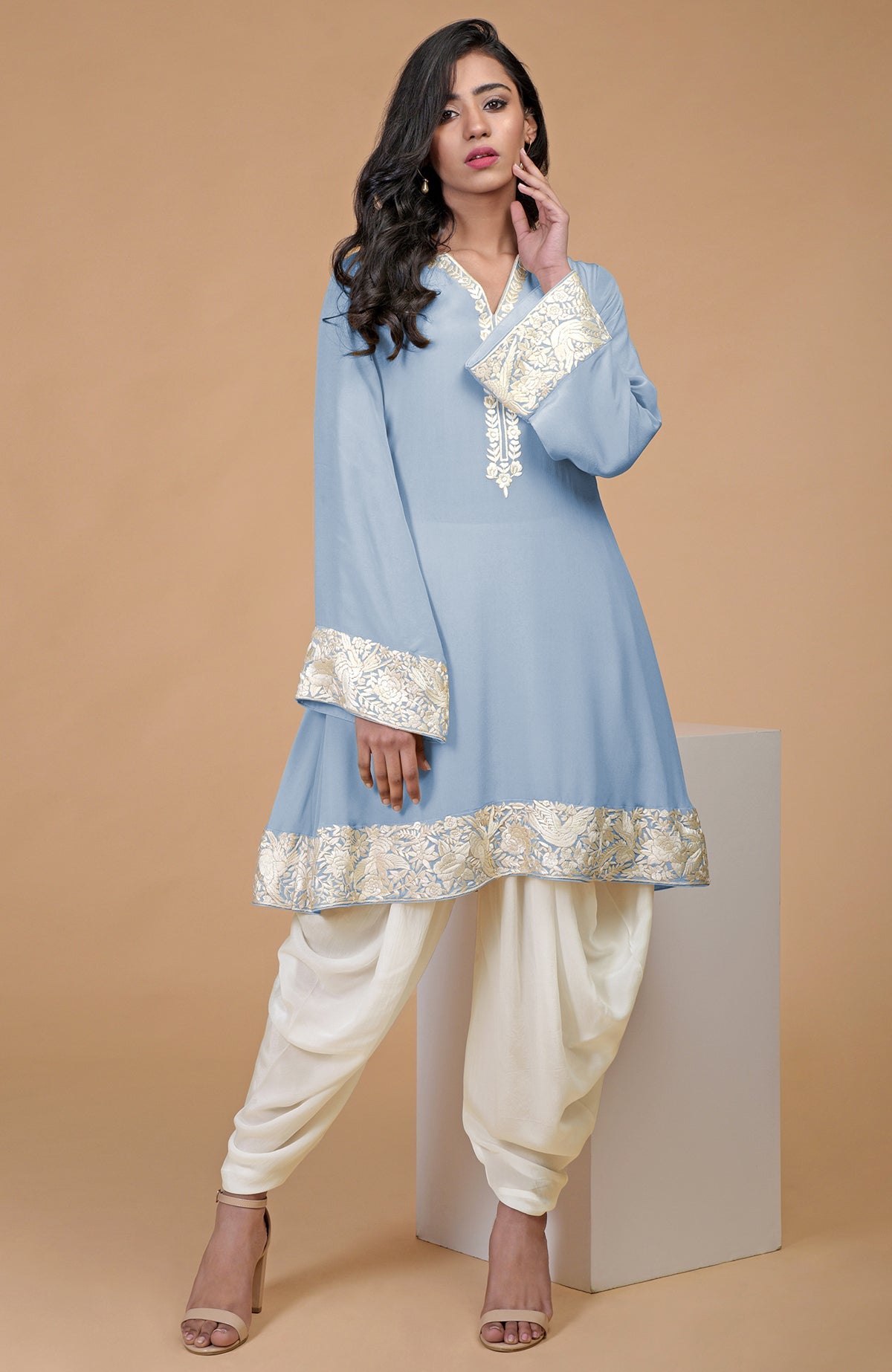 Dusty blue Parsi Gara embroidered kurta with ivory cowl patiala salwar pants.