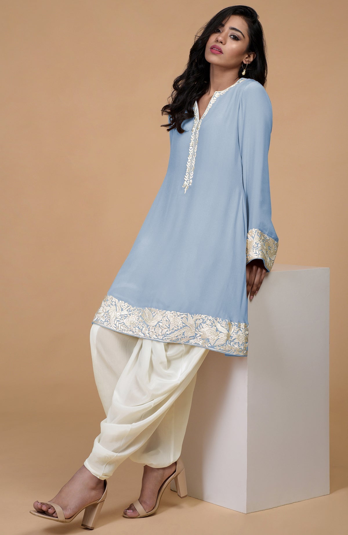 Dusty blue Parsi Gara embroidered Patiala pants suit with ivory cowl patiala salwar.