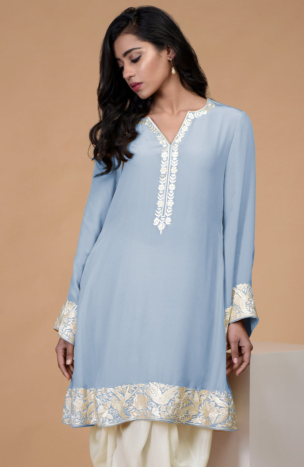 Dusty blue Parsi Gara embroidered Patiala pants suit with ivory cowl patiala salwar.
