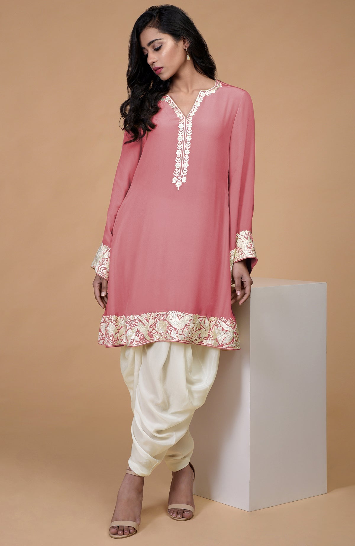 Flamingo pink Parsi Gara embroidered patiala pants suit with ivory cowl patiala salwar.