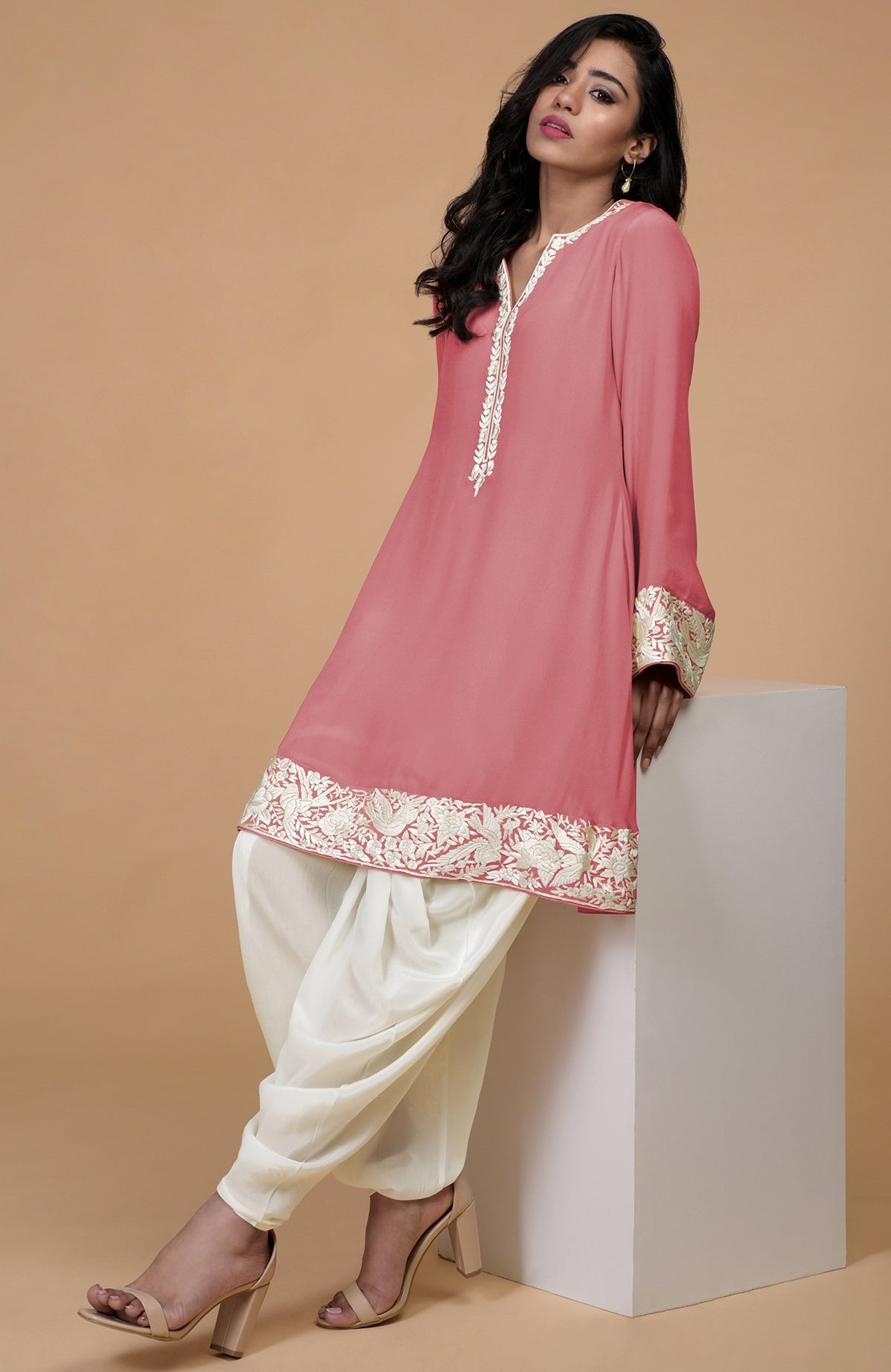 Flamingo pink Parsi Gara embroidered Patiala pants suit with ivory cowl Patiala salwar.