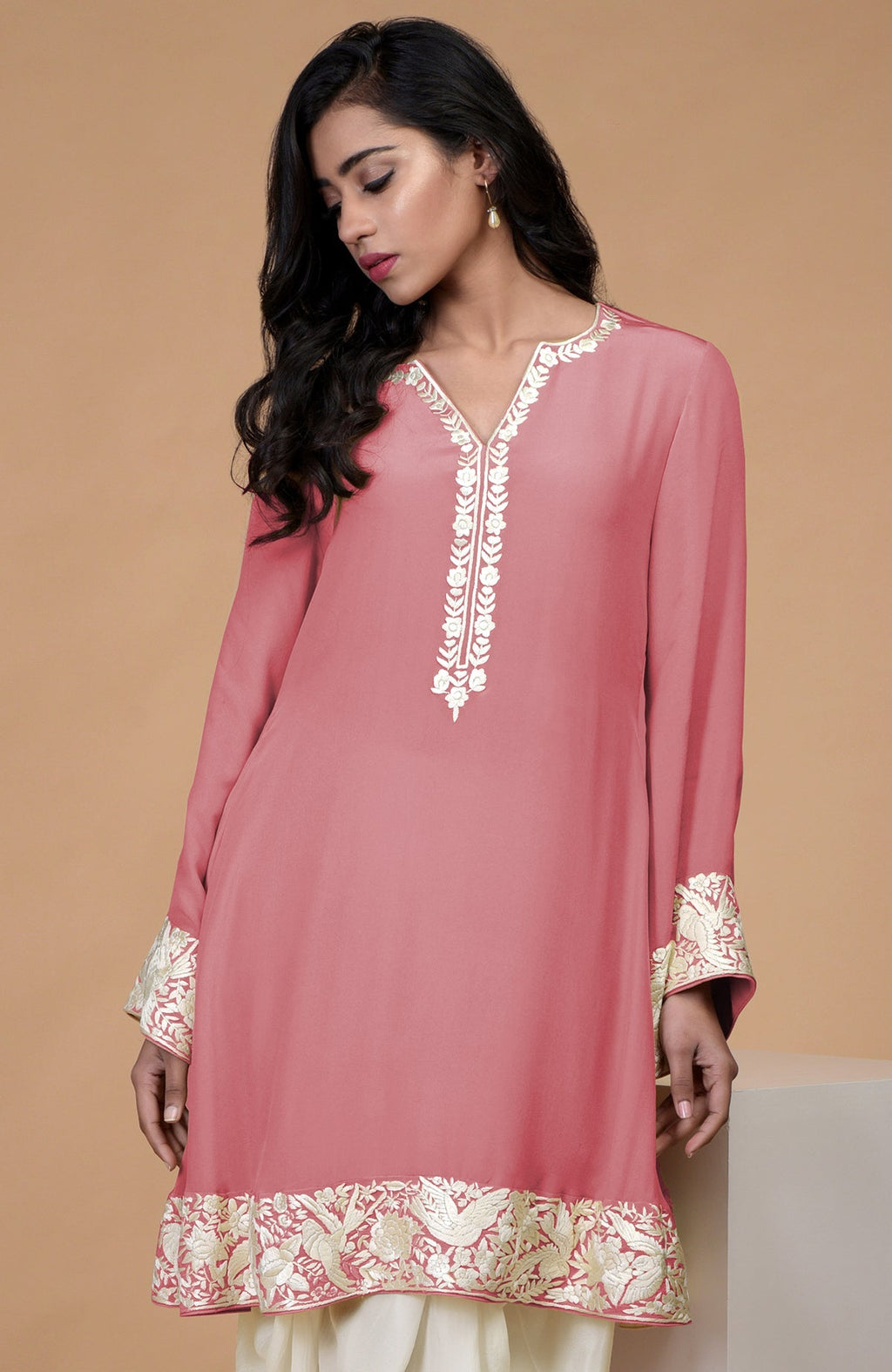 Flamingo pink Parsi Gara embroidered Patiala pants suit with ivory cowl patiala salwar.