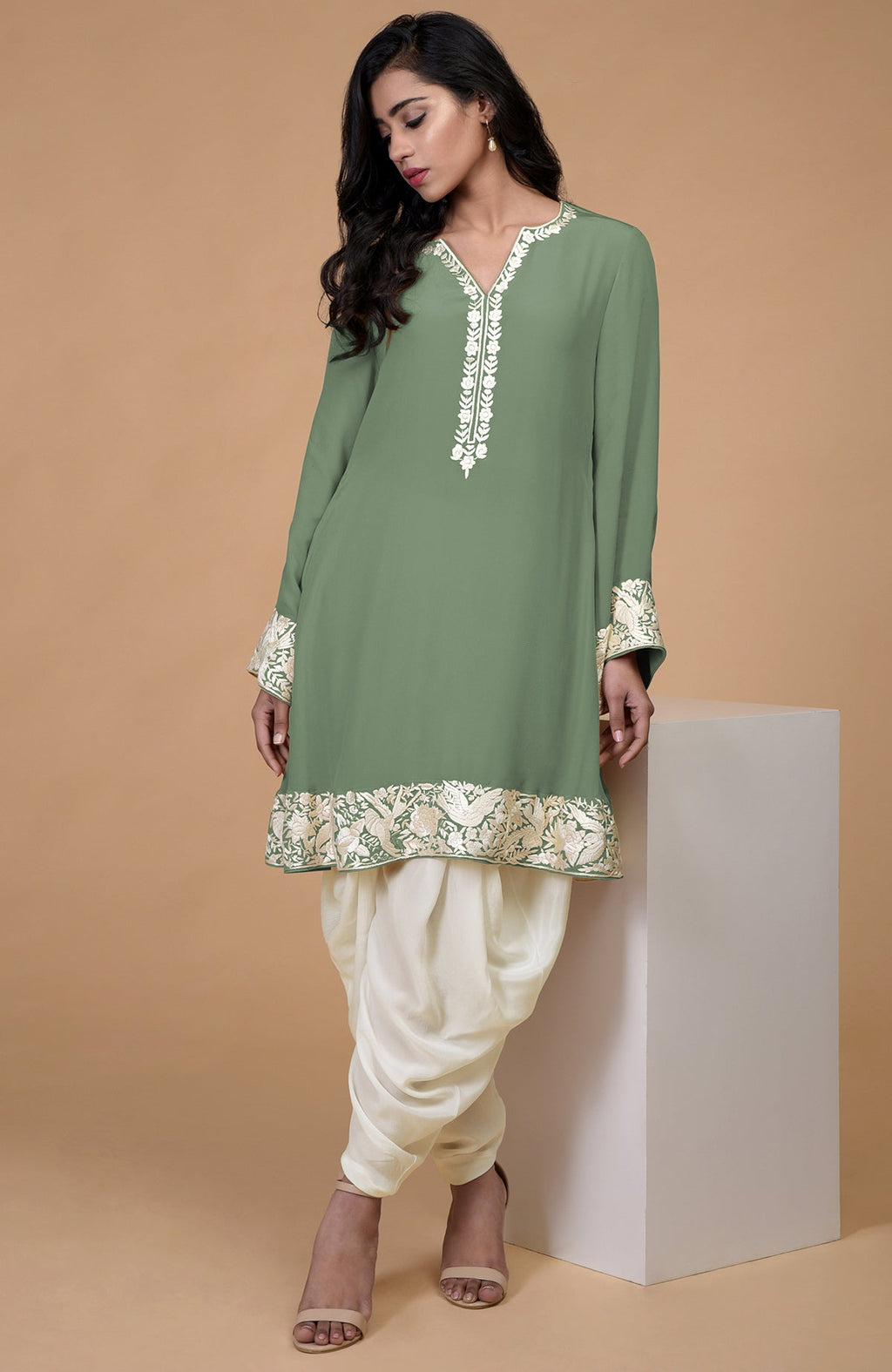 Sage green Parsi Gara embroidered Patiala pants suit with ivory cowl patiala salwar.