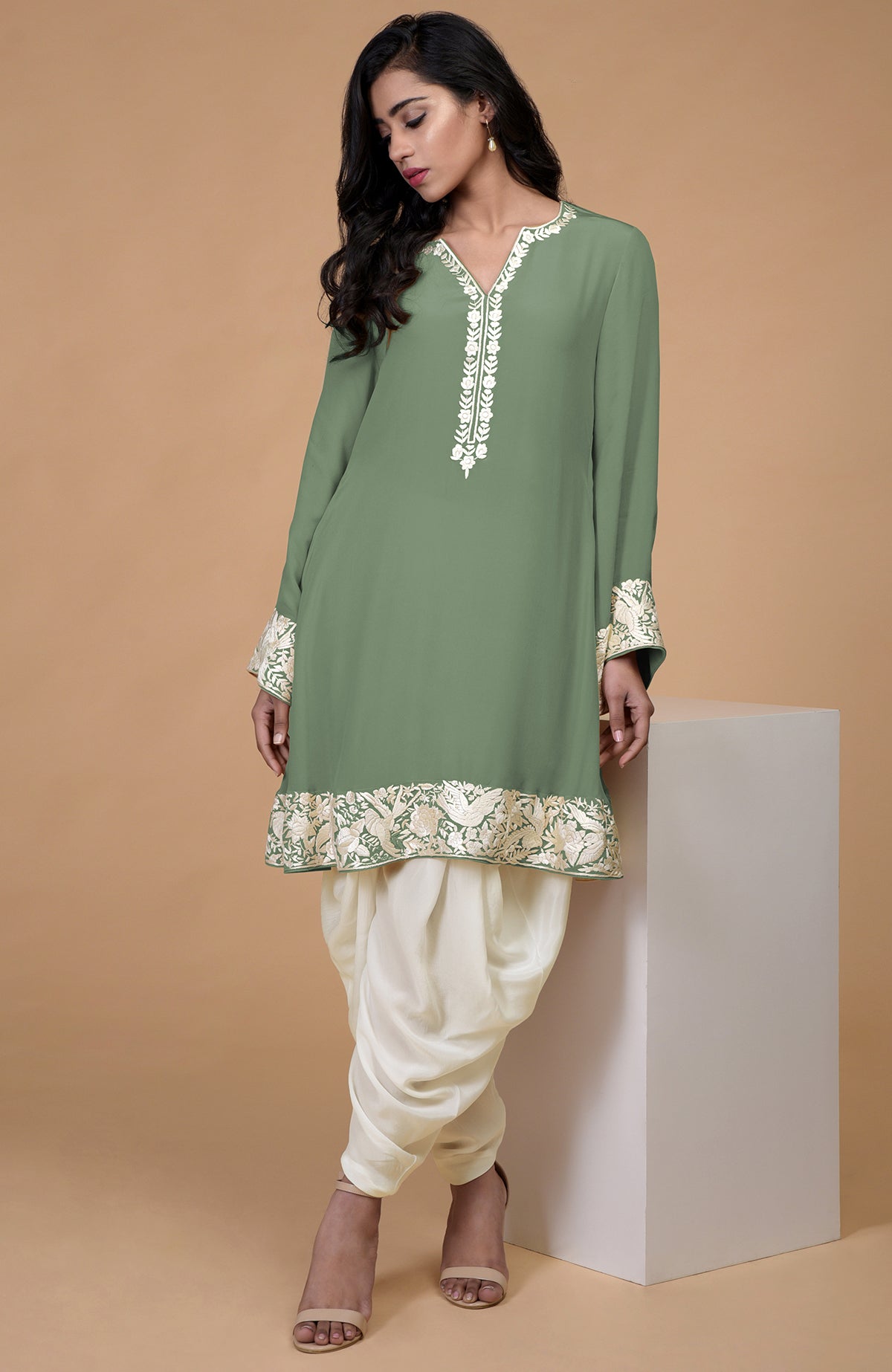 Sage green Parsi Gara embroidered Patiala pants suit with ivory cowl patiala salwar.
