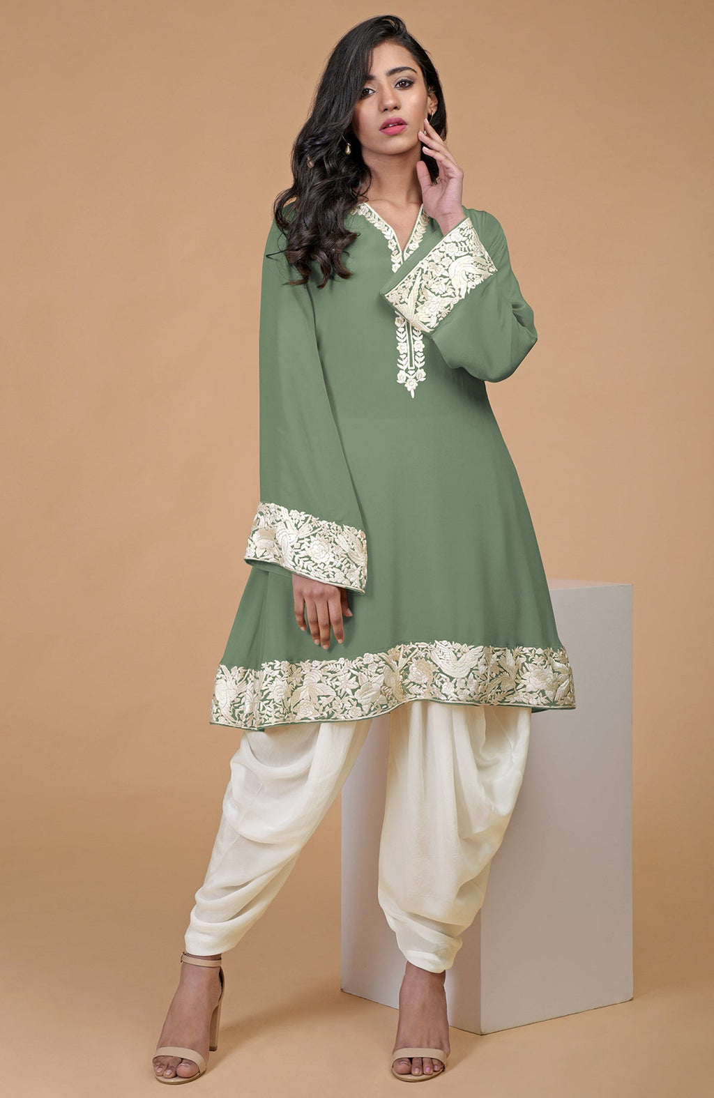 Sage green Parsi Gara embroidered Patiala pants suit with ivory cowl Patiala salwar.