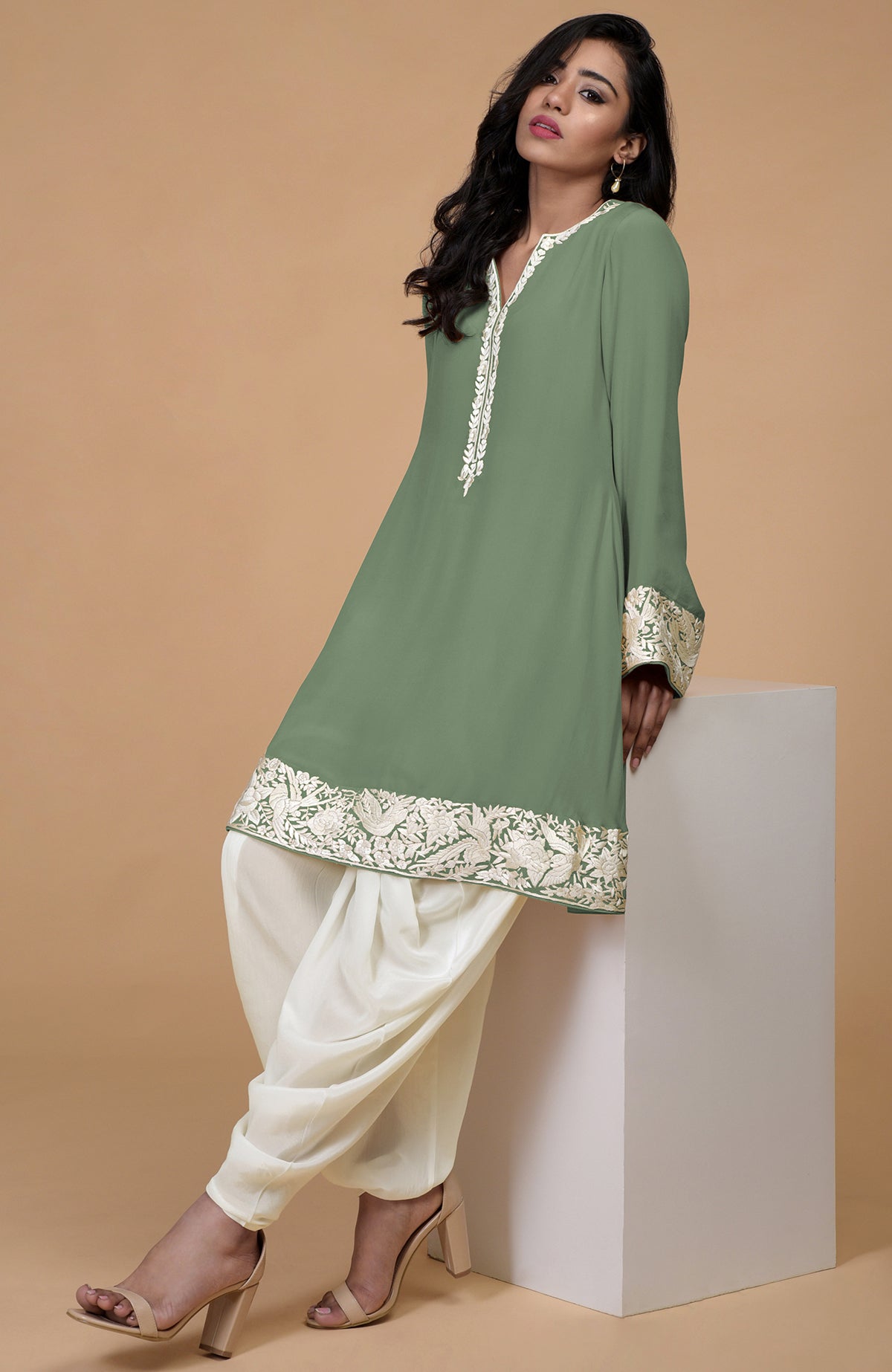 Sage green Parsi Gara embroidered patiala pants suit with ivory cowl patiala salwar.