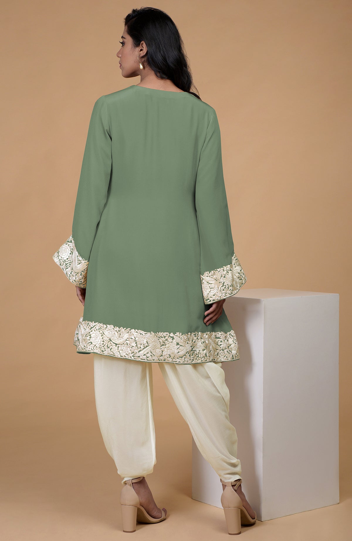 Sage green Parsi Gara embroidered Patiala pants suit with ivory cowl patiala salwar.