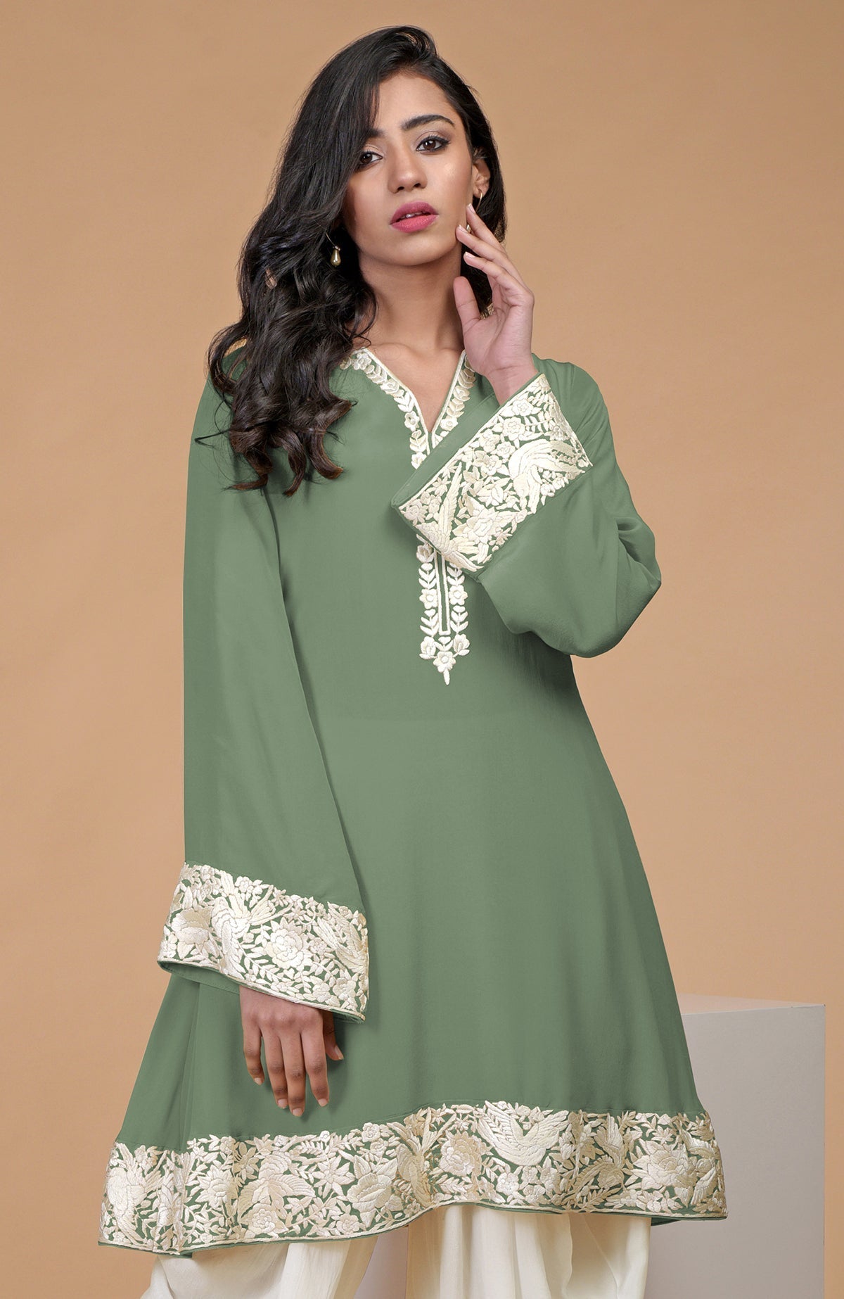 Sage green Parsi Gara embroidered Patiala pants suit with ivory cowl Patiala salwar.