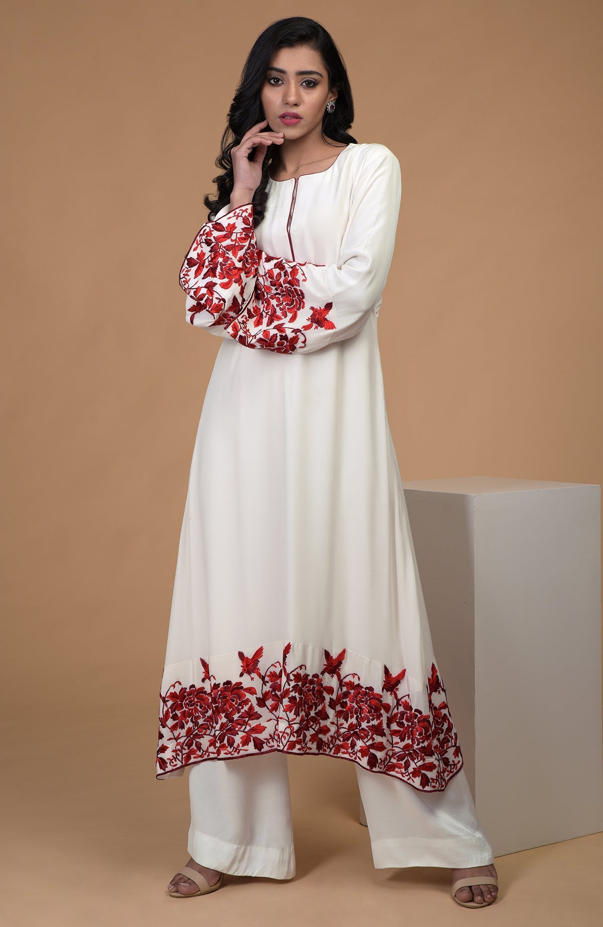 Ivory crepe kurta with red Parsi Gara floral embroidery and bell sleeves paired with wide leg pants