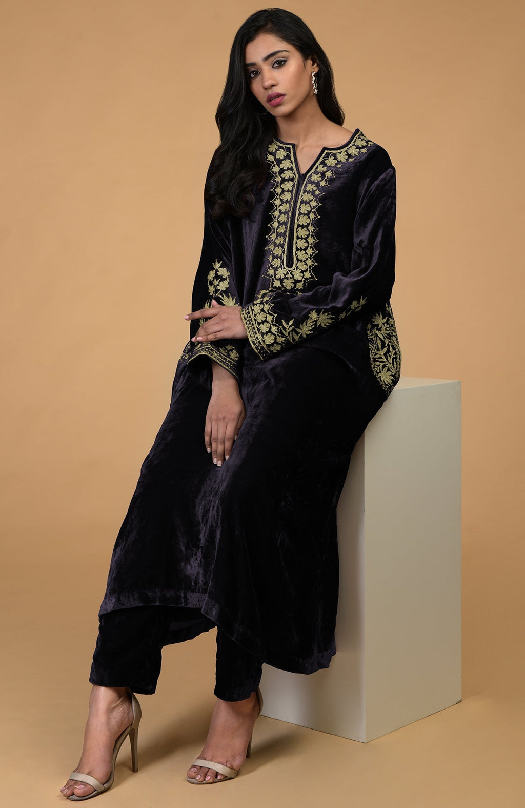 Eclipse blue silk velvet kurta with gold Kashmiri tilla aari embroidery and matching pants