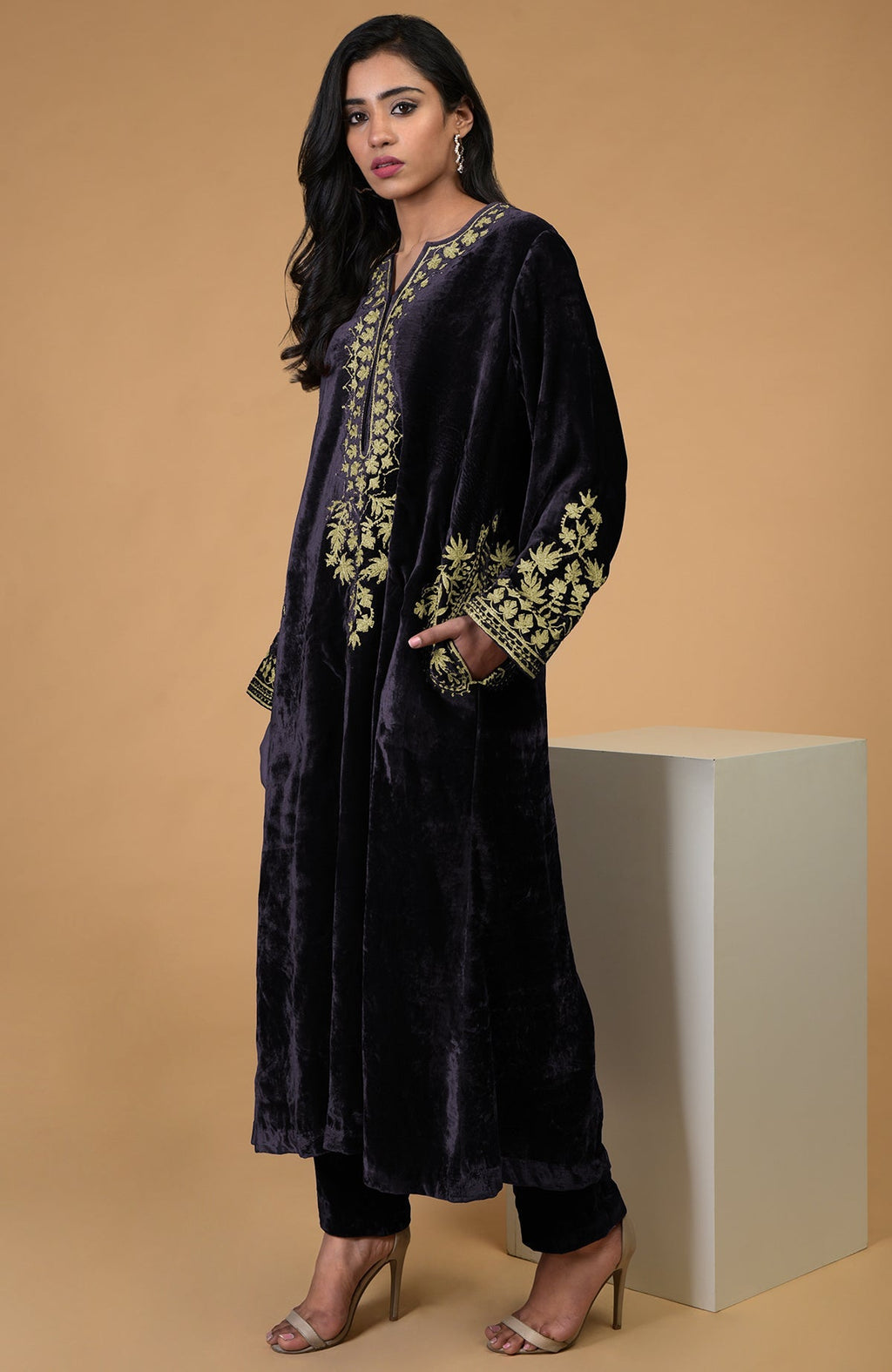 Eclipse blue silk velvet kurta with gold Kashmiri tilla aari embroidery and matching pants