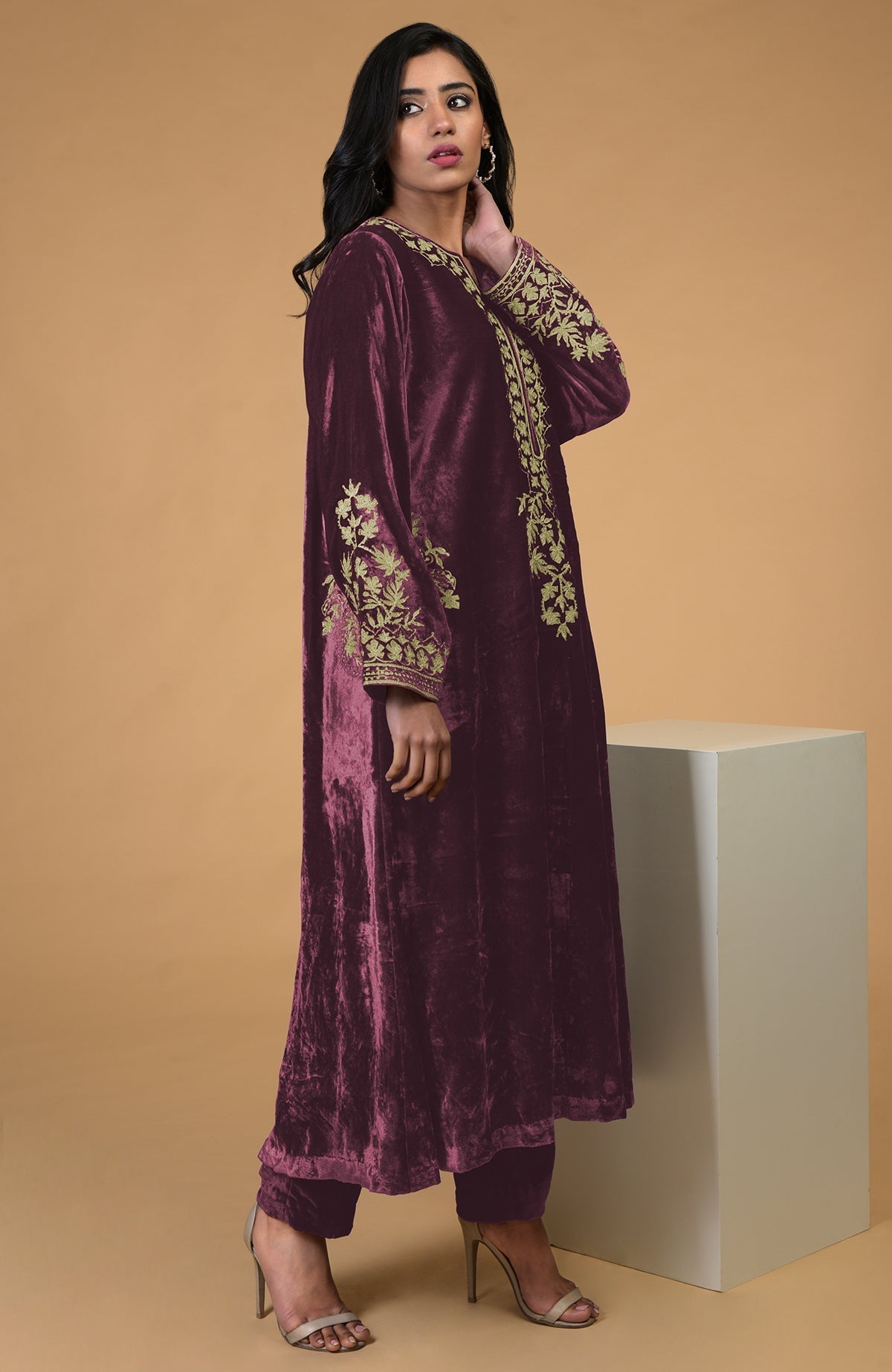 Silk velvet Hawthorn Rose kurta with gold Kashmiri tilla aari embroidery and matching pants