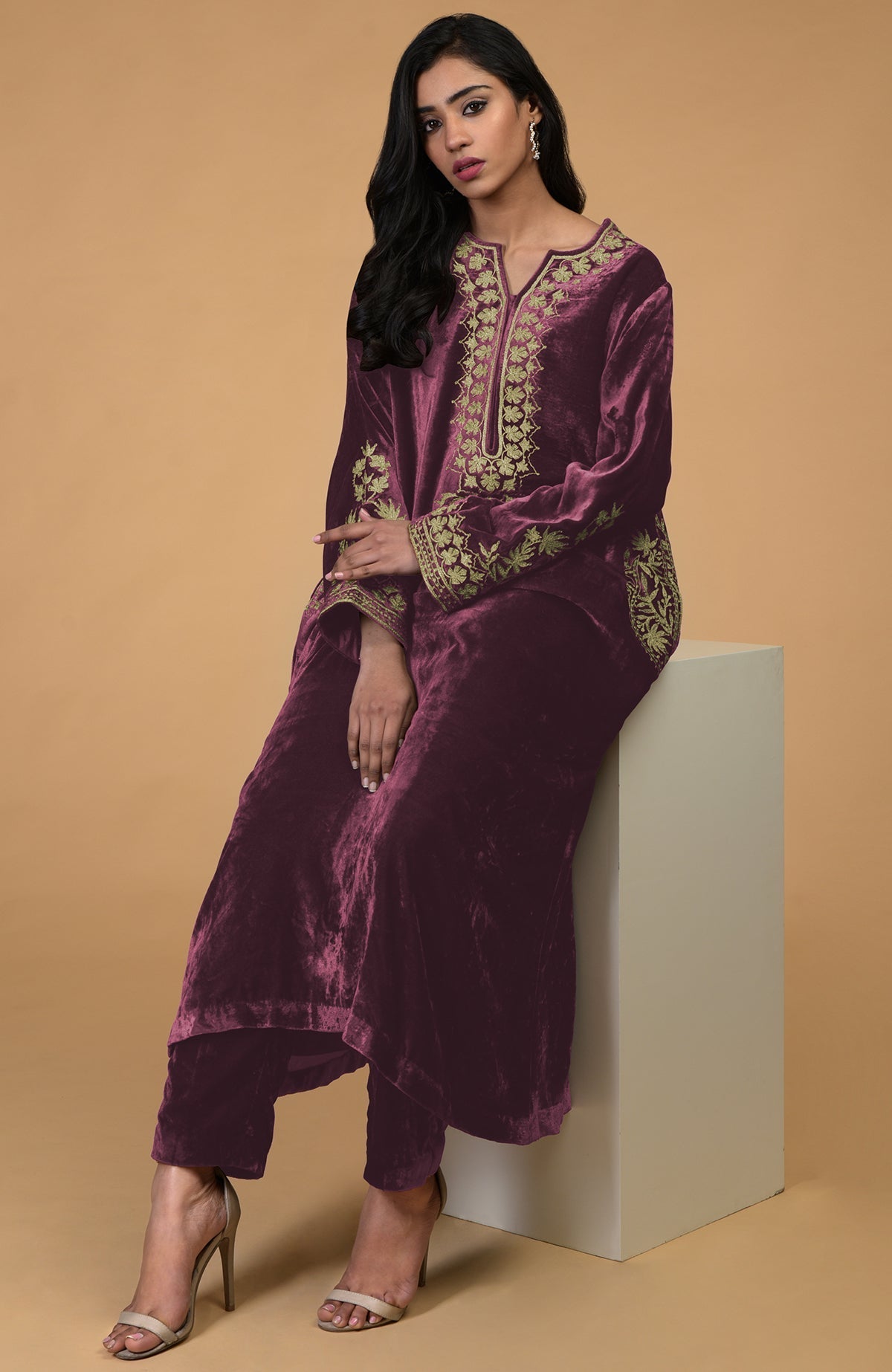 Silk velvet Hawthorn Rose kurta set with gold Kashmiri tilla aari embroidery and cigar pants