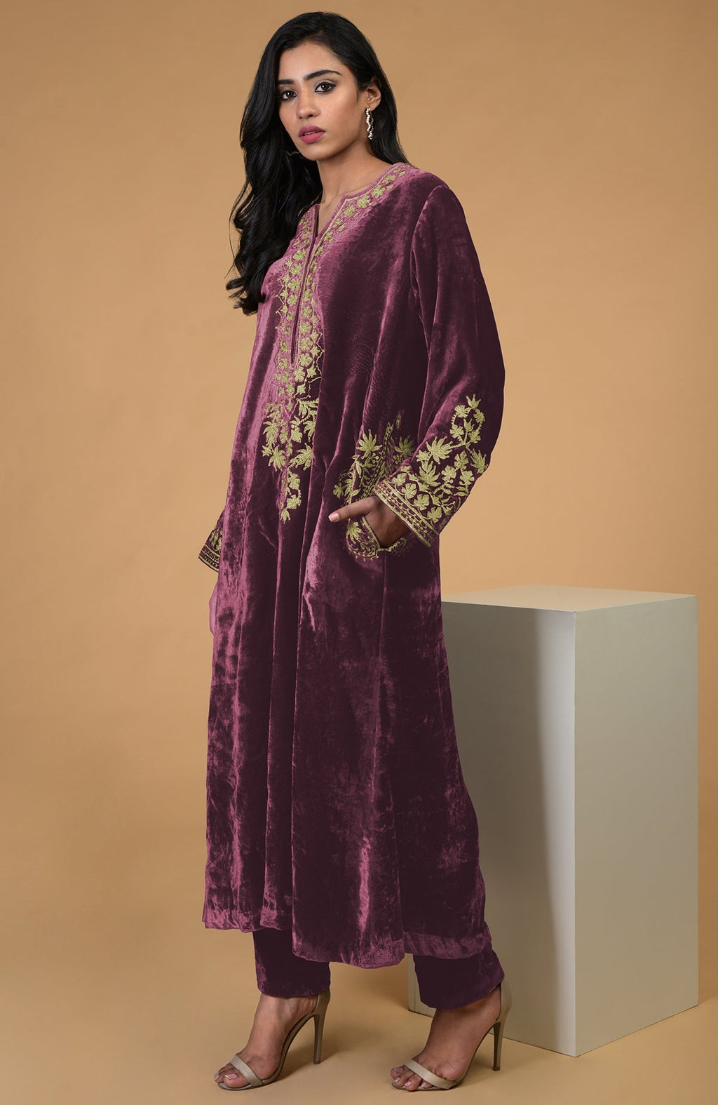 Silk velvet Hawthorn Rose kurta with gold Kashmiri tilla aari embroidery and matching pants
