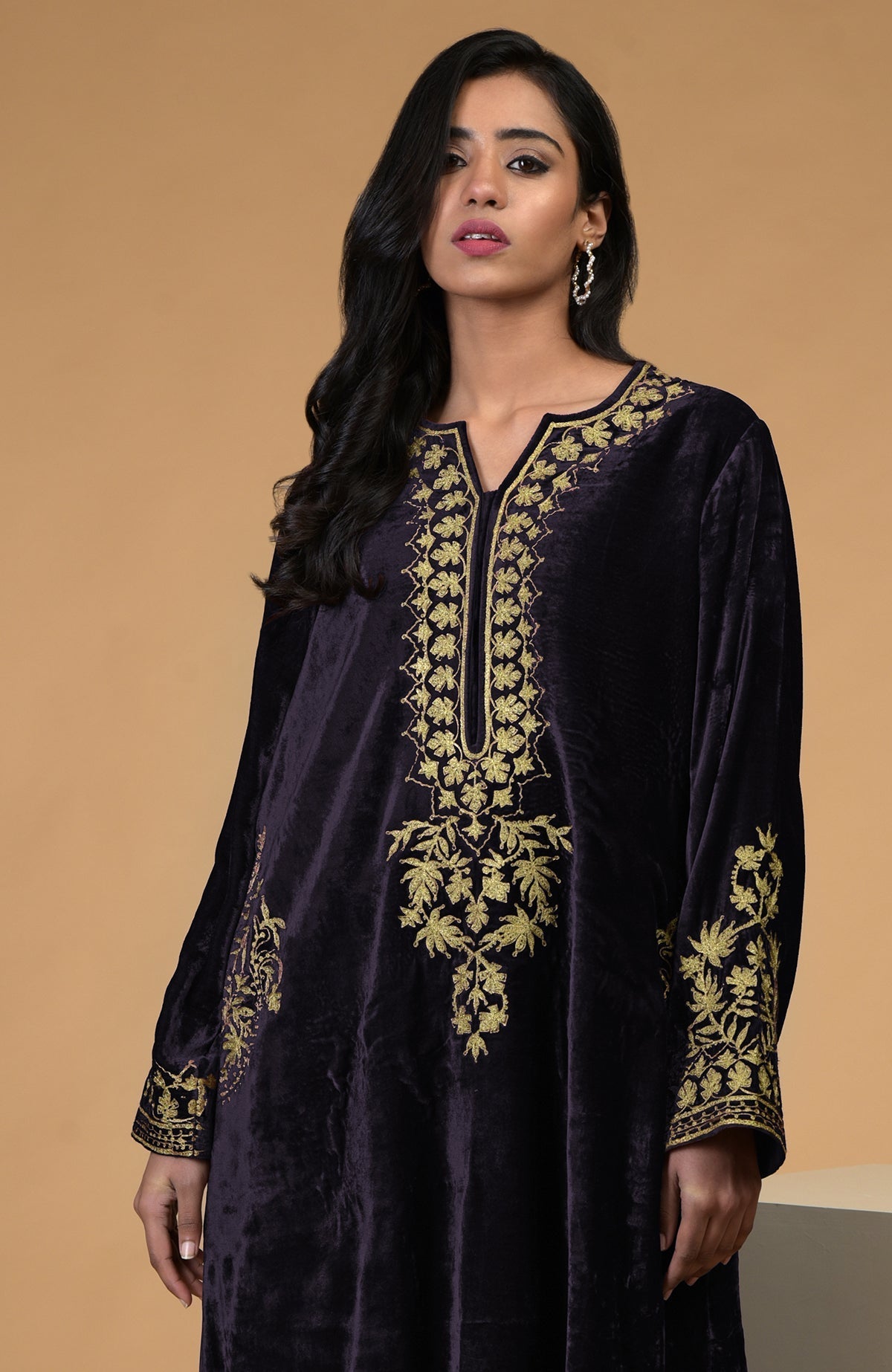 Eclipse blue silk velvet kurta with gold Kashmiri tilla aari embroidery and matching pants