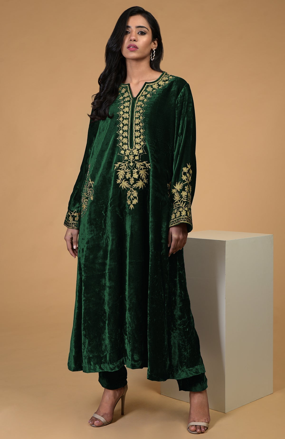 Silk velvet Hawthorn Rose kurta with gold Kashmiri tilla aari embroidery and matching cigar pants