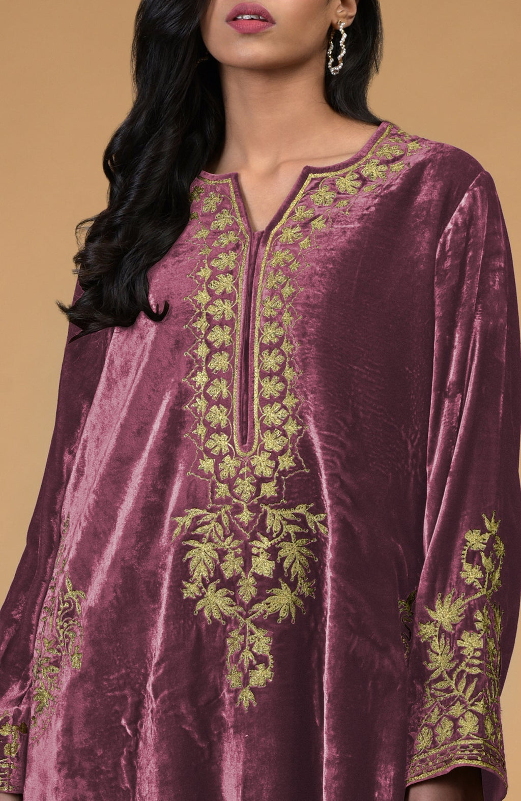 Silk velvet Hawthorn Rose kurta with gold Kashmiri tilla aari embroidery and matching pants