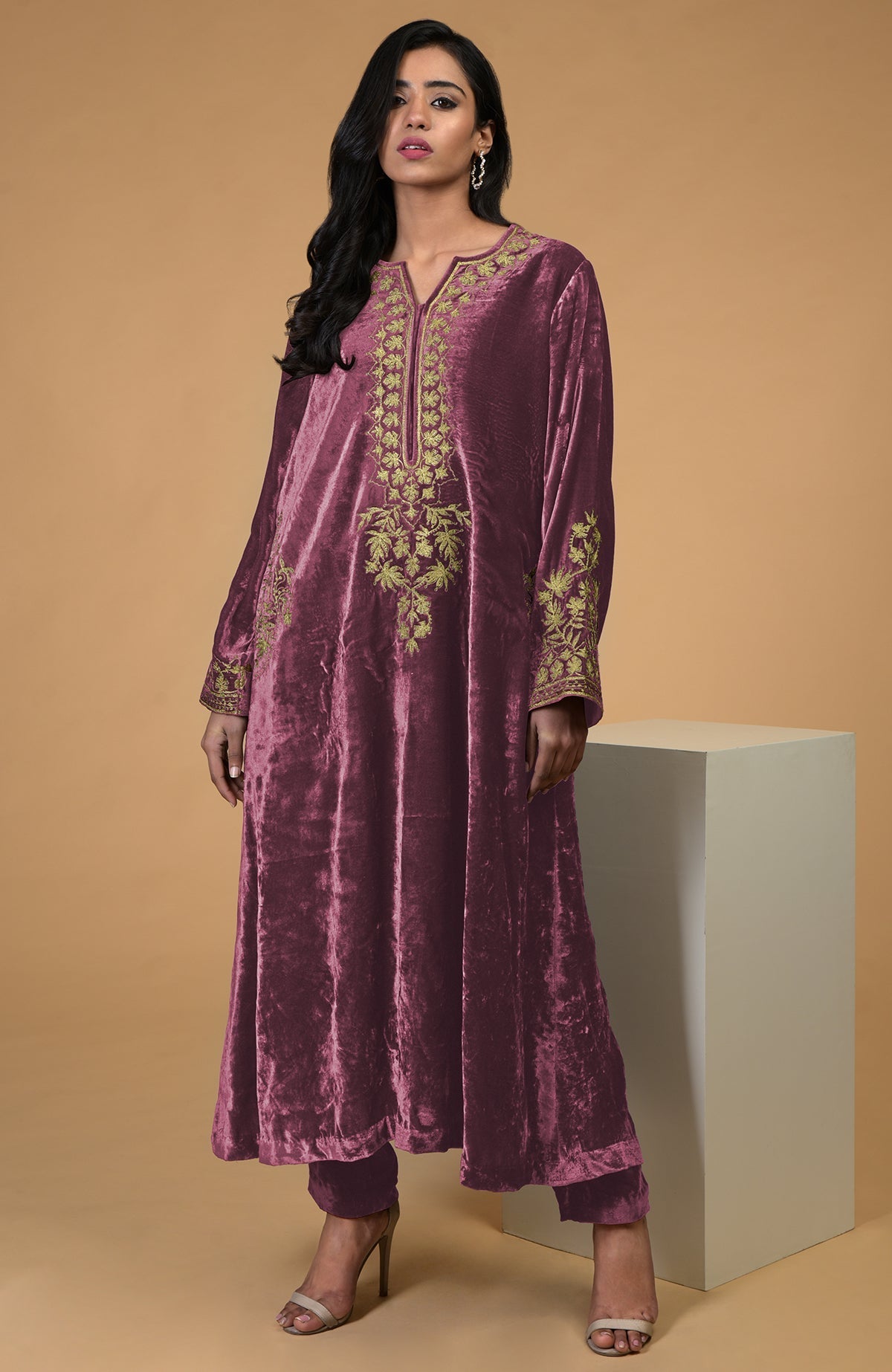 Eclipse blue silk velvet kurta with gold Kashmiri tilla aari embroidery and matching pants
