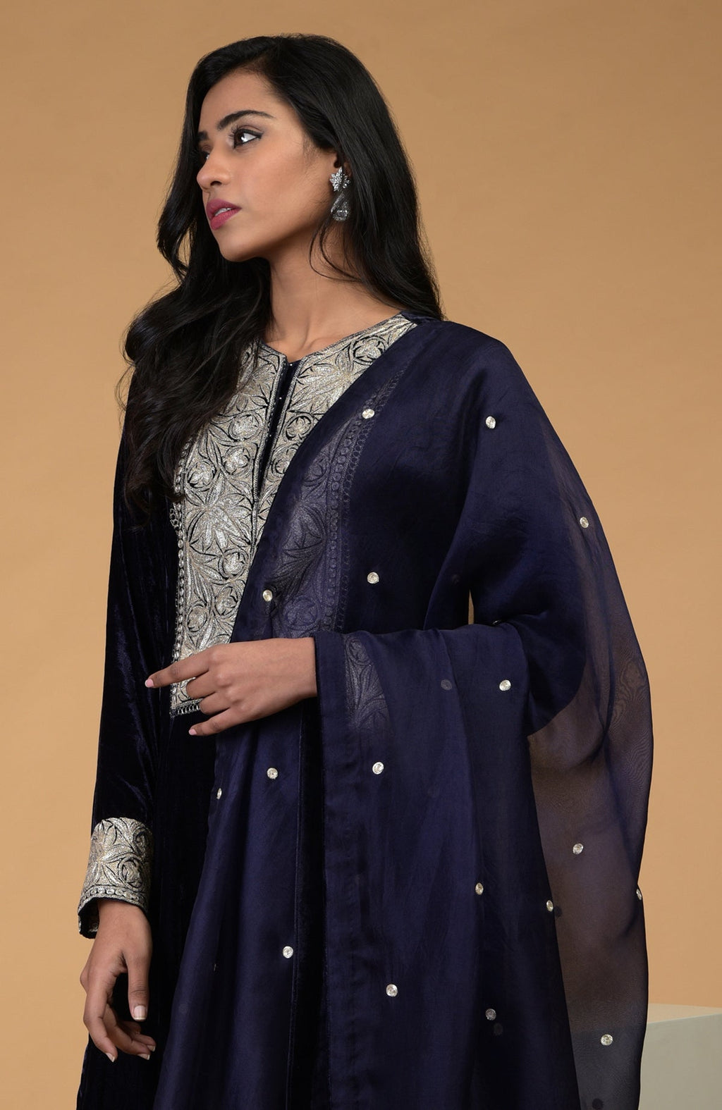 Midnight blue velvet kurta set with silver Kashmiri tilla embroidery and dupatta.