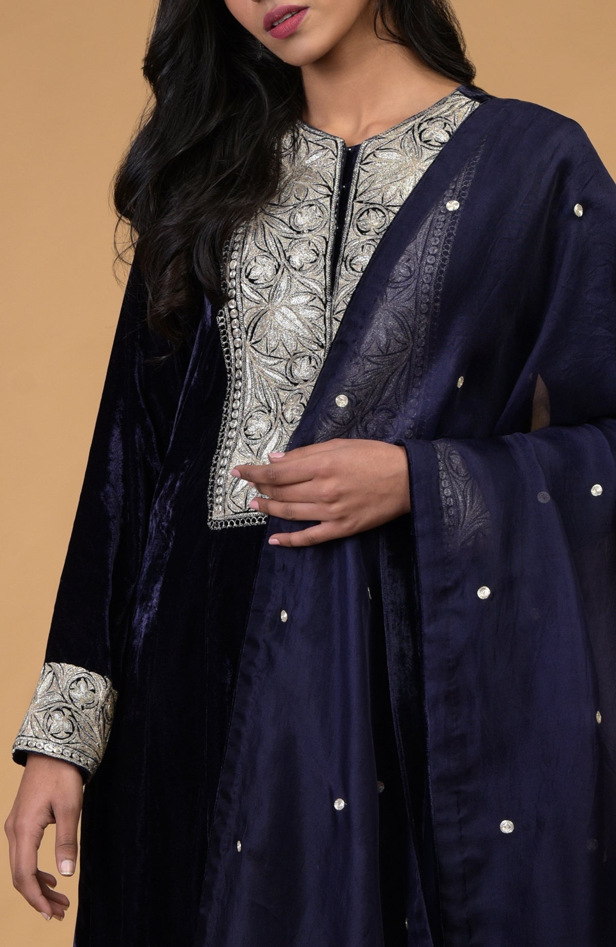 Midnight blue velvet kurta set with silver Kashmiri tilla embroidery and dupatta.