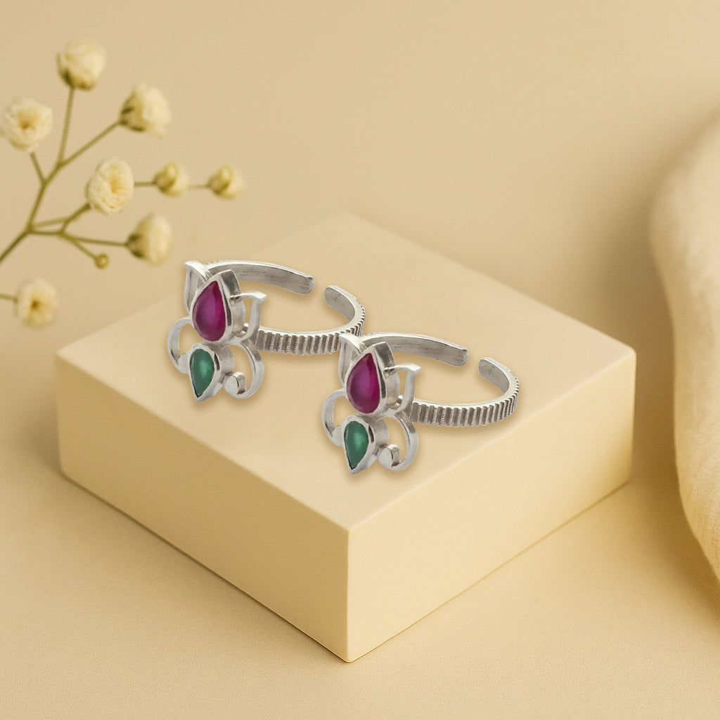 Silver 92.5 Lotus Red And Green Toe Ring
