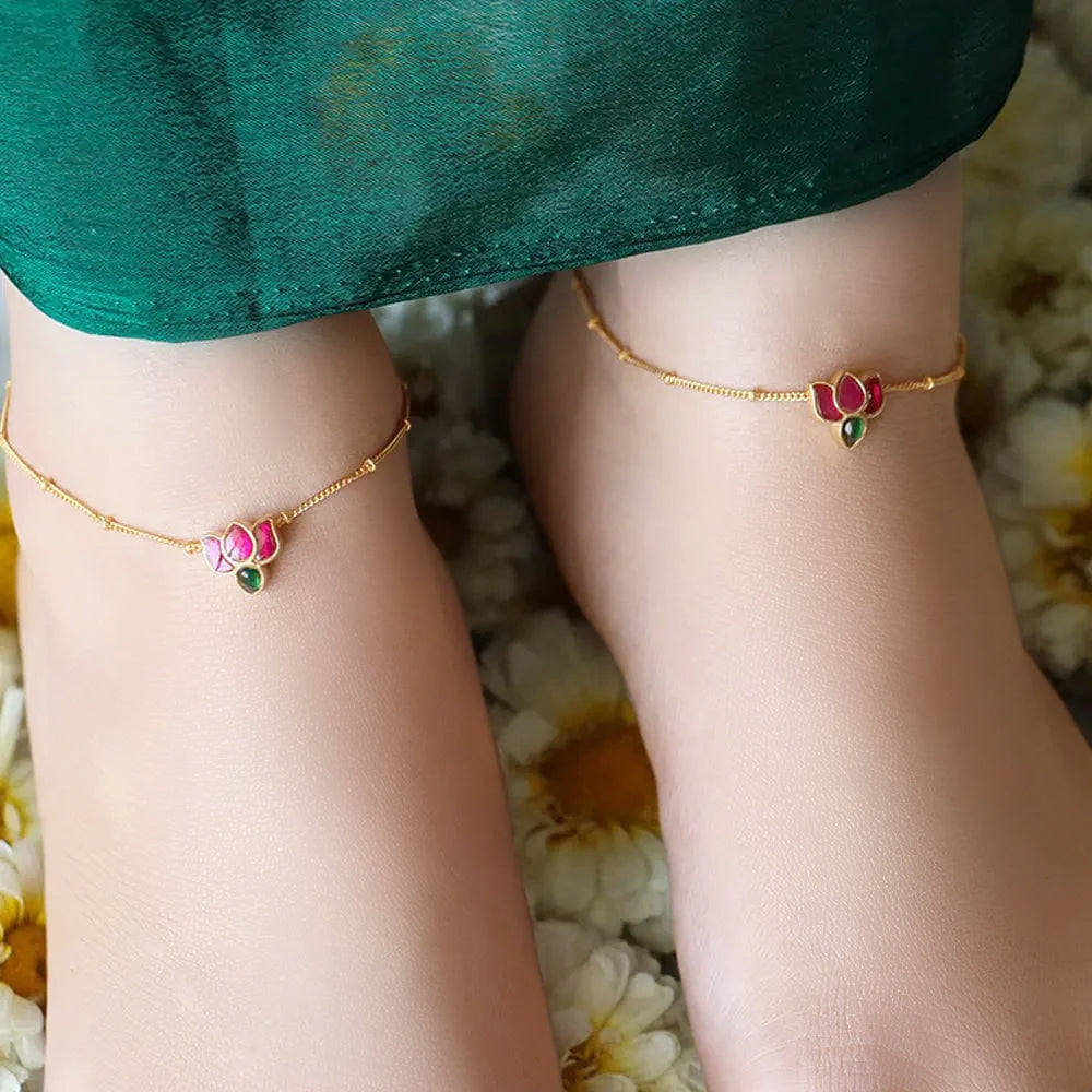 925 Sterling Silver Kundan Lotus Anklet ( Pair)