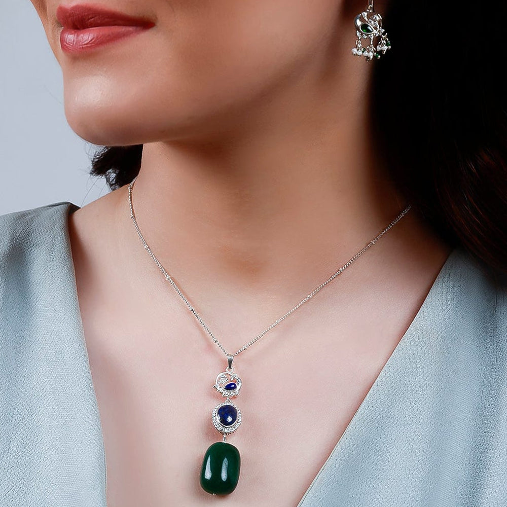 Silver Oxidised Lapis And Green Onyx Necklace