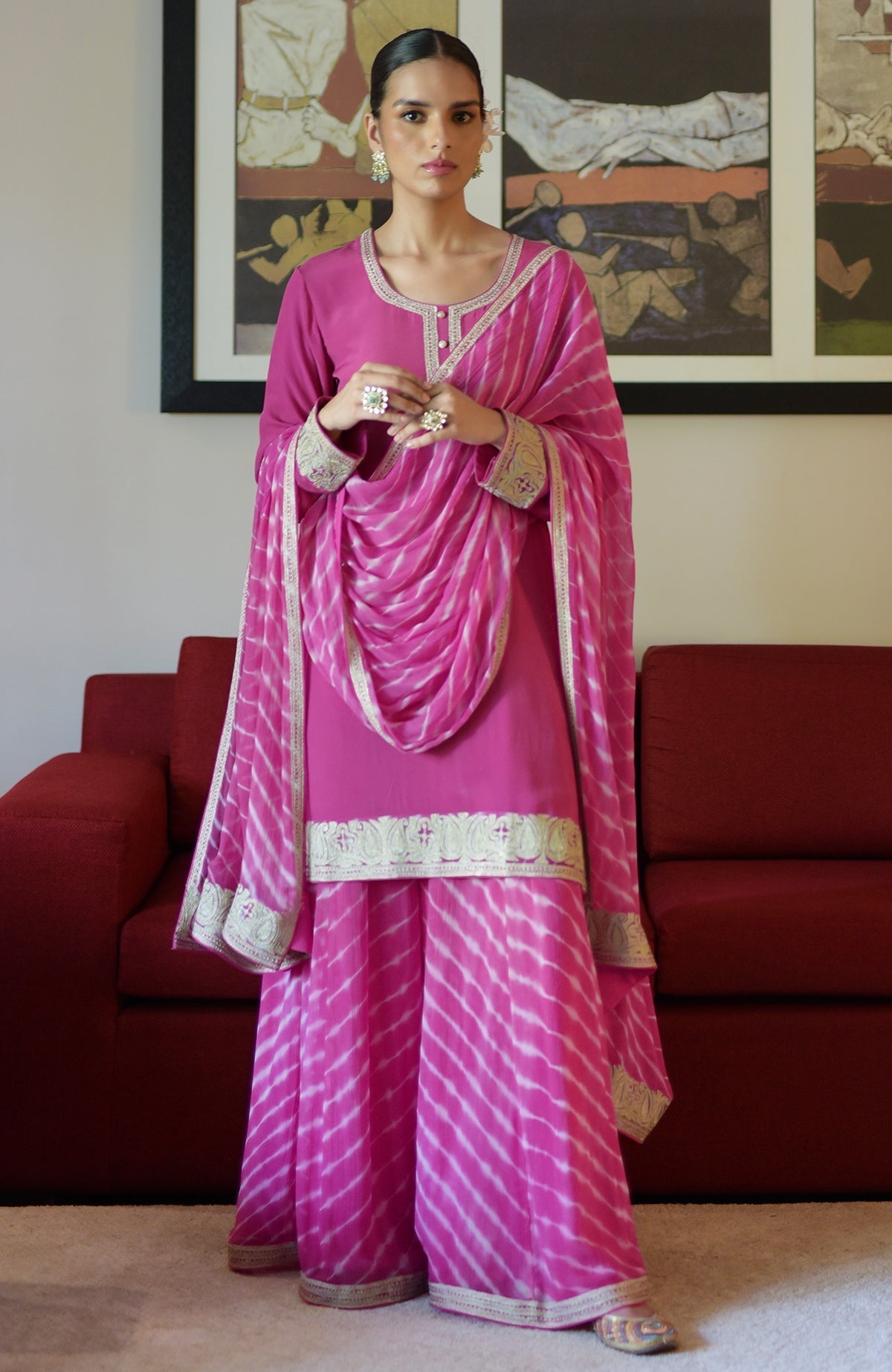 Pink Leheriya Sharara Set with Kashmiri Tilla embroidery.