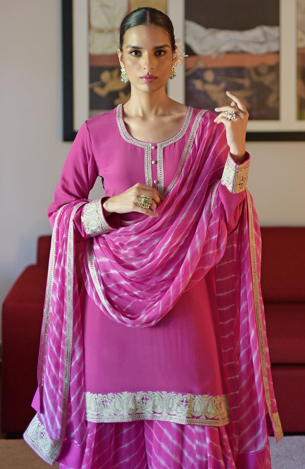 Pink Leheriya Sharara Set with Kashmiri Tilla embroidery.