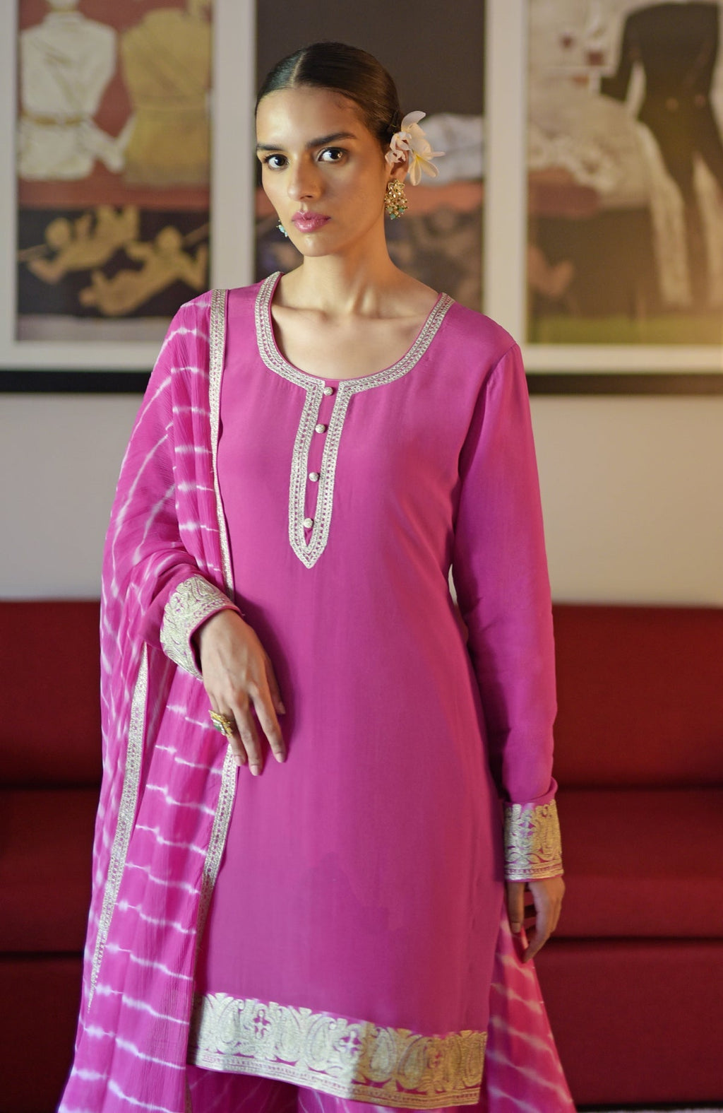 Pink Leheriya Sharara Set with Kashmiri tilla embroidery.