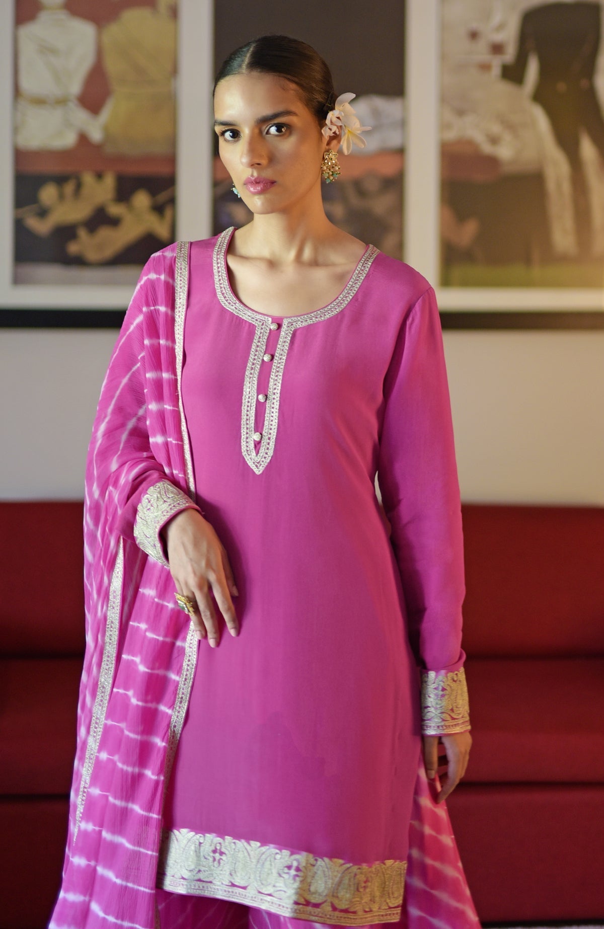 Pink Leheriya Sharara Set with Kashmiri tilla embroidery.