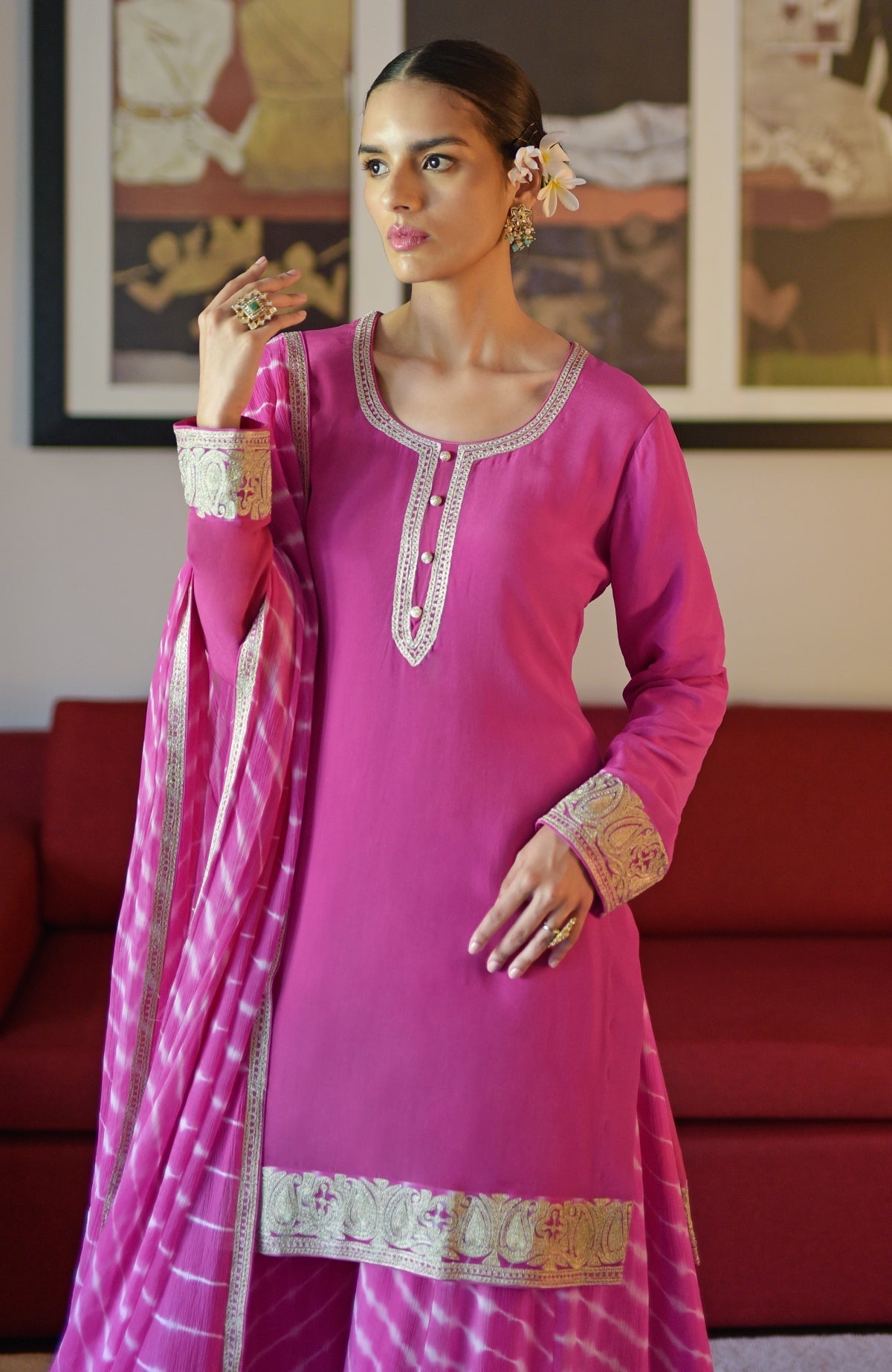 Pink Leheriya Sharara Set with Kashmiri Tilla embroidery.
