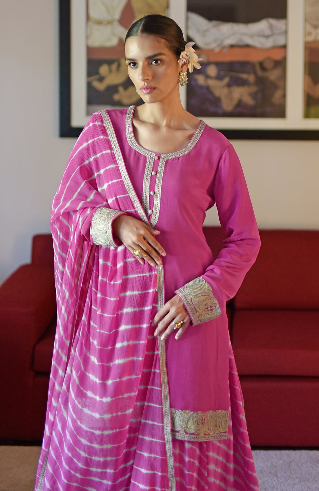 Pink Leheriya Sharara Set with Kashmiri Tilla embroidery and tie-dye dupatta.