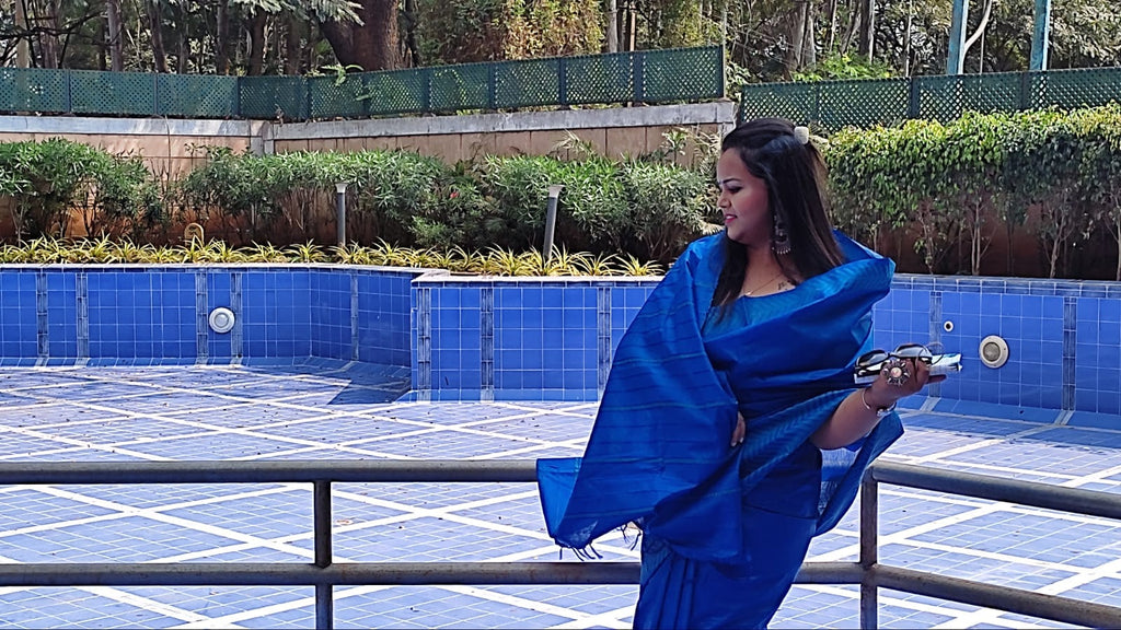 Chanderi Silk Blue Saree with Running Blouse-Indiehaat
