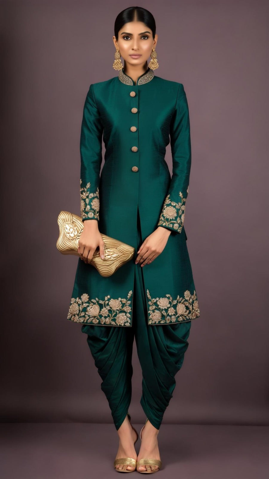 Emerald green silk jacket with gold floral embroidery and matching dhoti pants set.