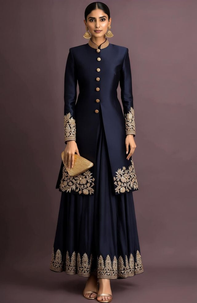 Midnight navy silk jacket set with high collar and gold-toned floral embroidery details.