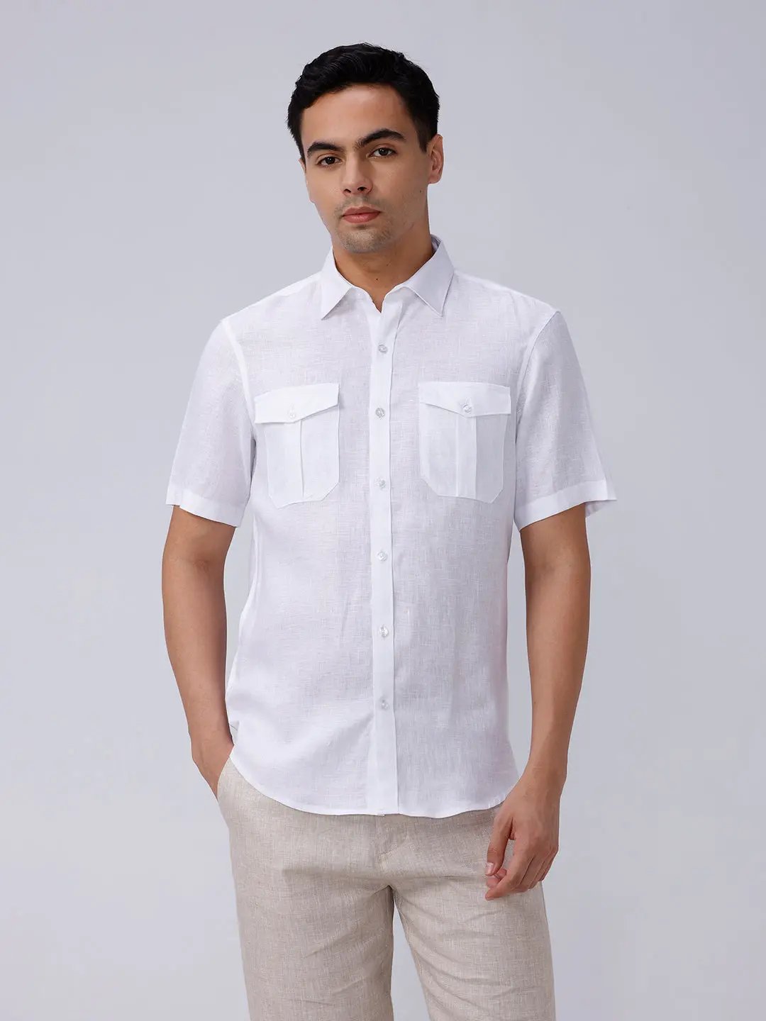 White Double Pocket Short Sleeve Linen ShirtUnited By Hope