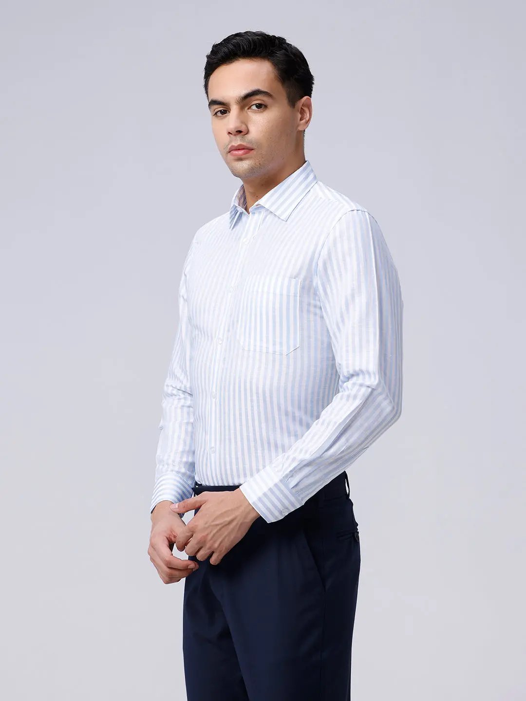 White and Blue Stripes Cotton Linen ShirtUnited By Hope