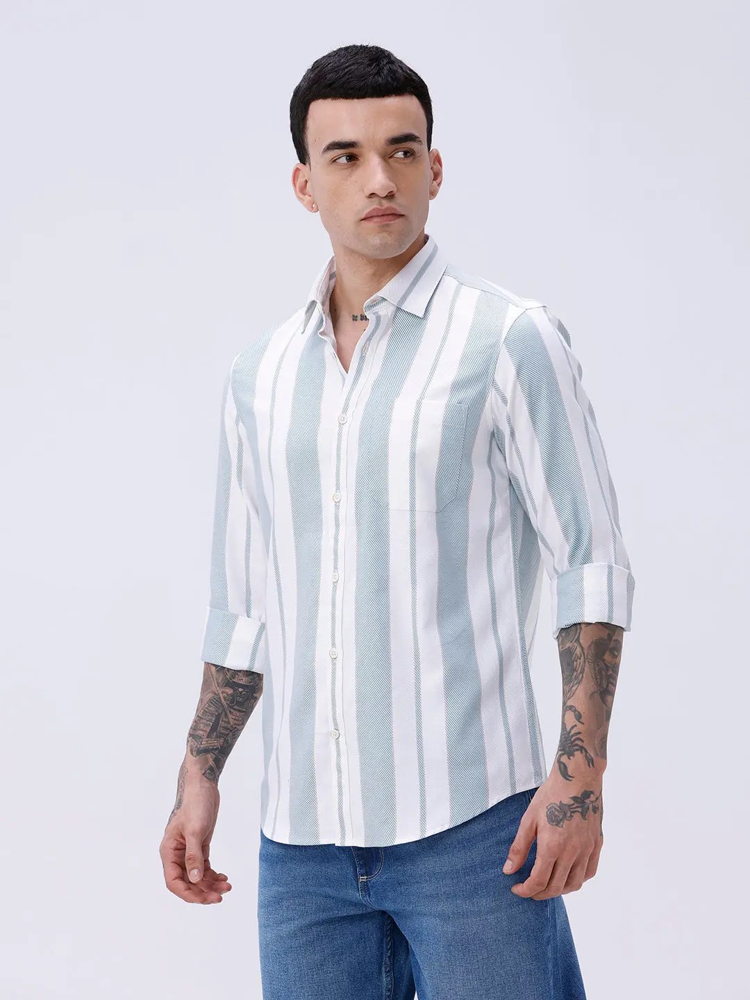White and Green Stripes Twill ShirtUnited By Hope